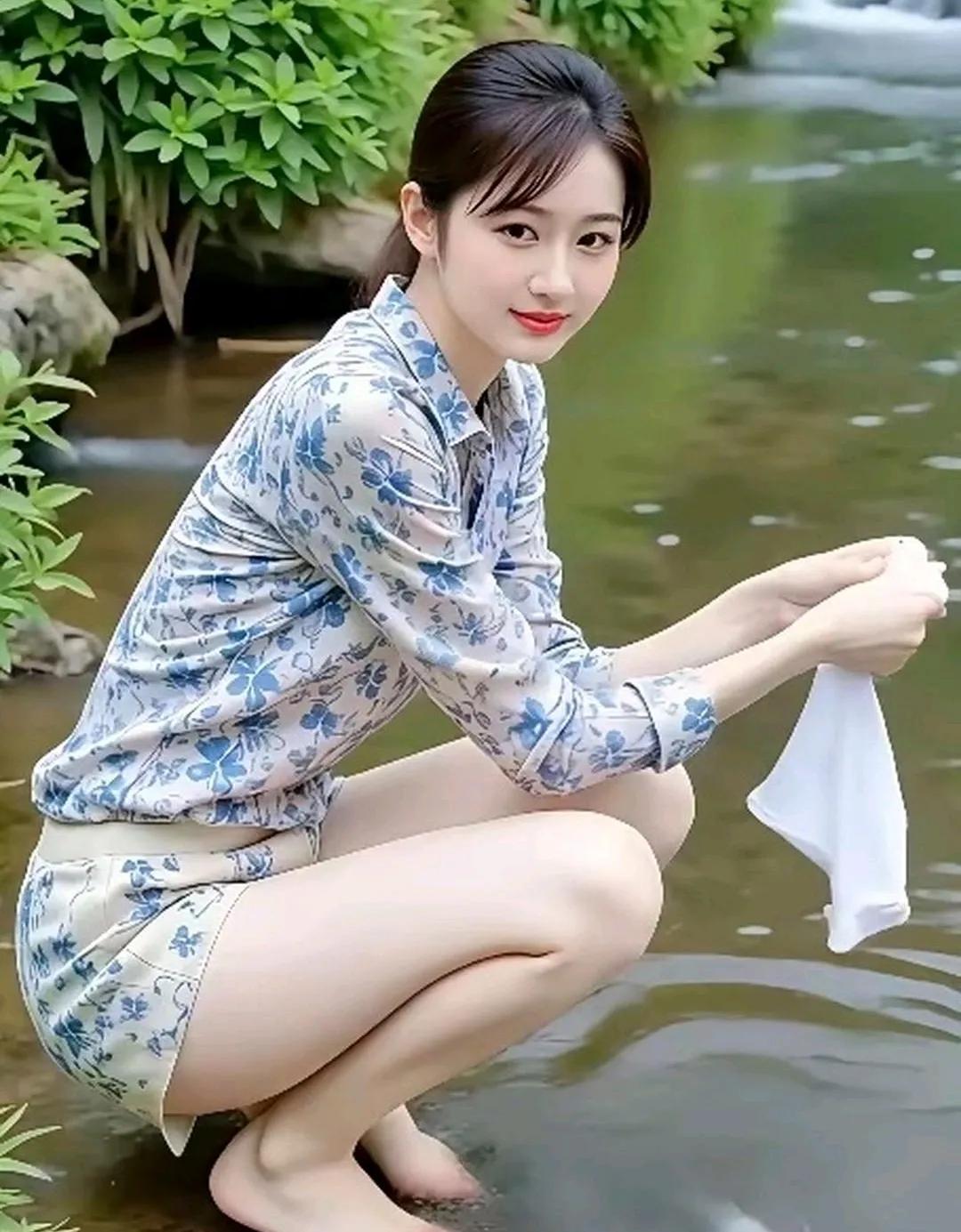 在溪流边，温柔地清洗着白布，感受自然的宁静与美好。