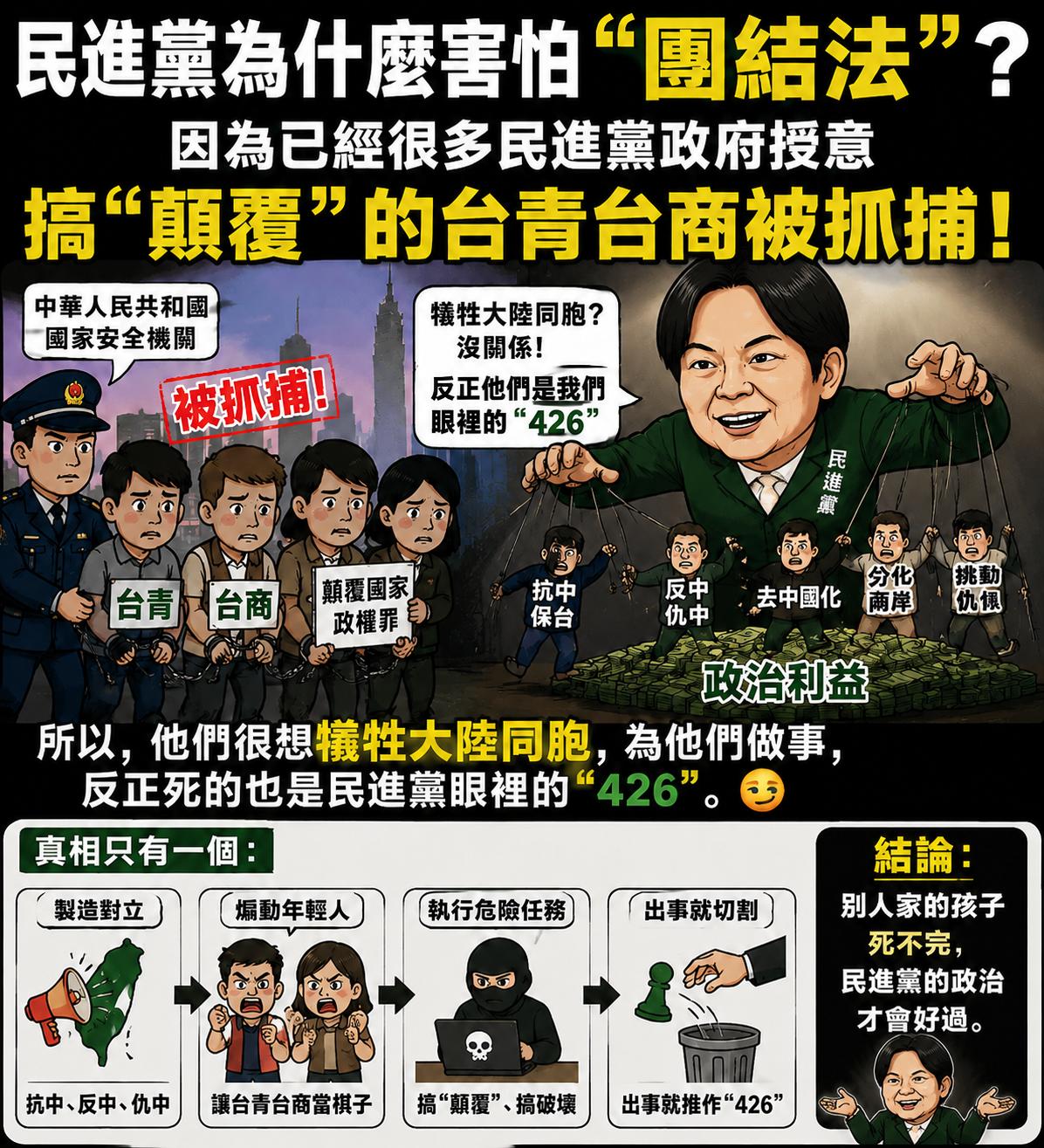为什么民进党害怕“团结法”？为什么民进党很想策反大陆同胞为他们做台谍？