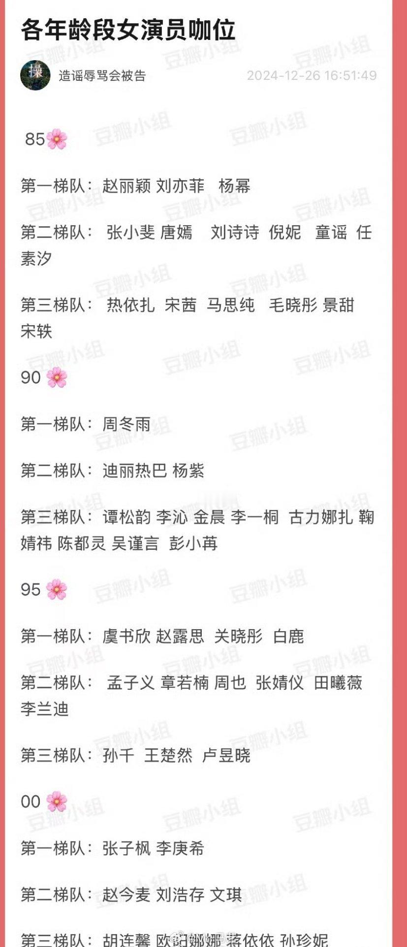 各年龄段女演员咖位排行榜来了，你认可吗[喵喵]85🌸第一梯队:赵丽颖刘亦菲杨幂