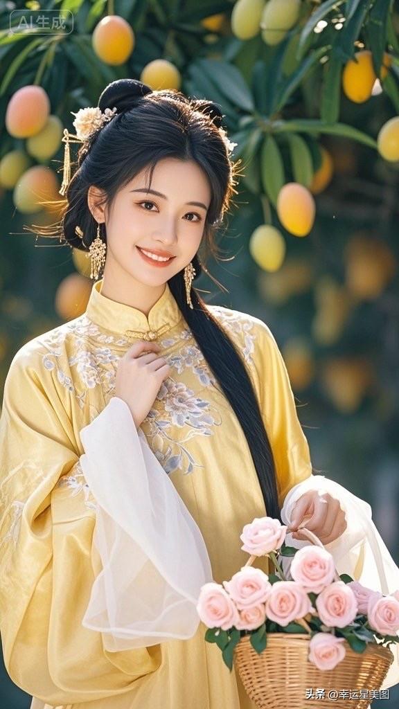 穿着古装，手捧花篮，笑容甜美。