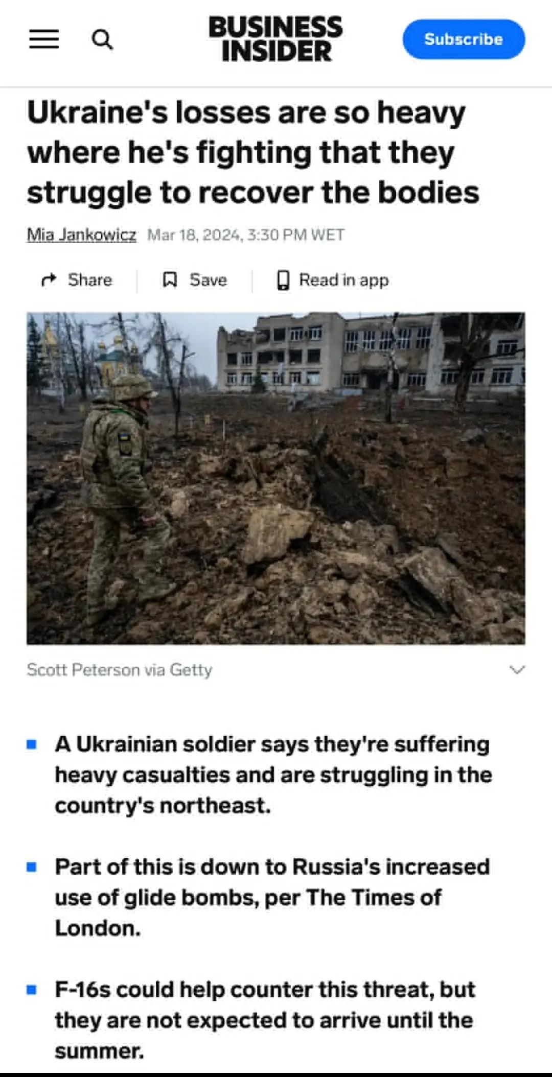 一名乌克兰士兵报怨说，乌克兰在他战斗的地方损失惨重，他们很难找到尸体，因为大部分