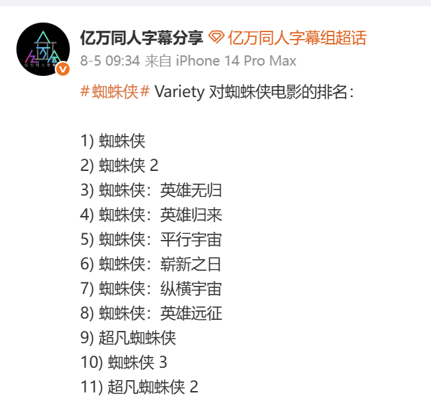 不服Variety！我的排名：1) 蜘蛛侠2) 超凡蜘蛛侠3) 蜘蛛侠：崭新之日