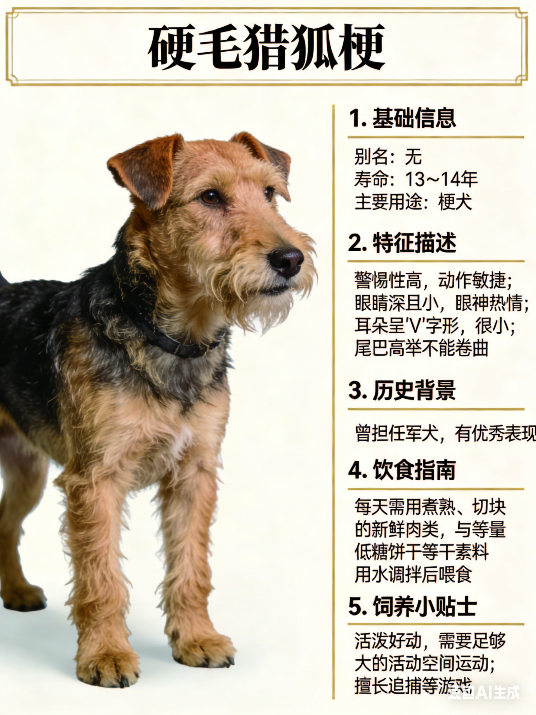 我AI的动物 硬毛猎狐梗别名：无寿命：13～14年主要用途：梗犬硬毛猎狐梗的警惕