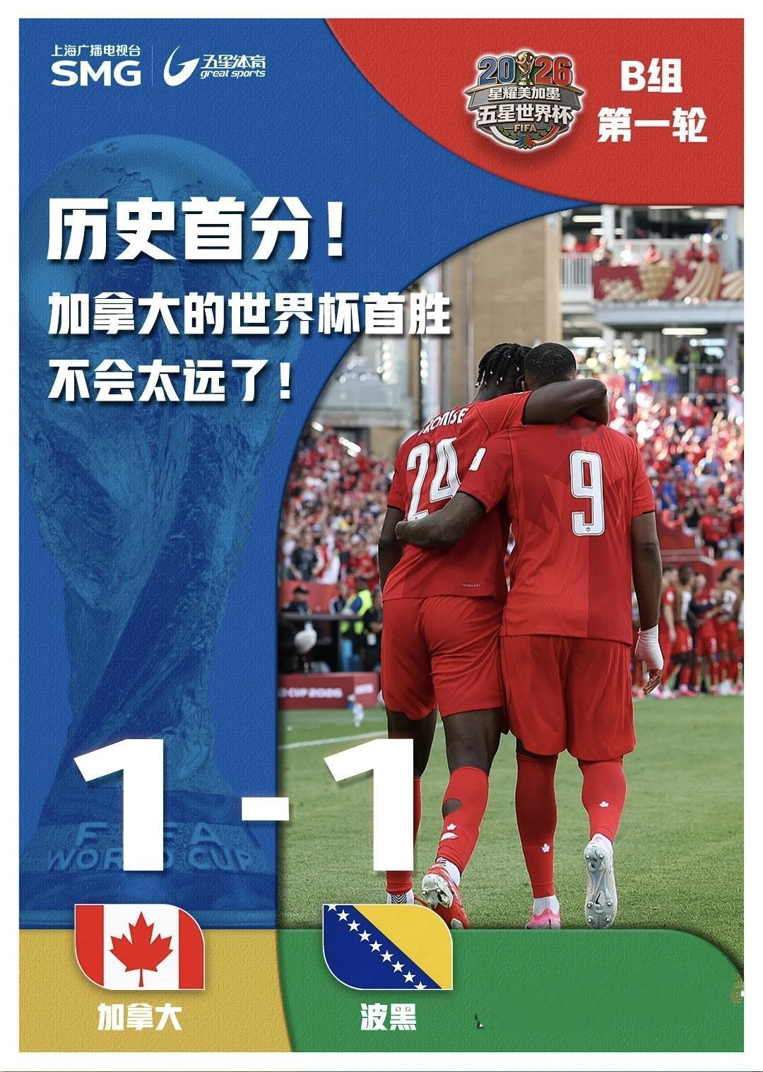 创造历史！加拿大终于迎来世界杯第一分！
 
B组首轮较量，面对“平局大师”波黑，