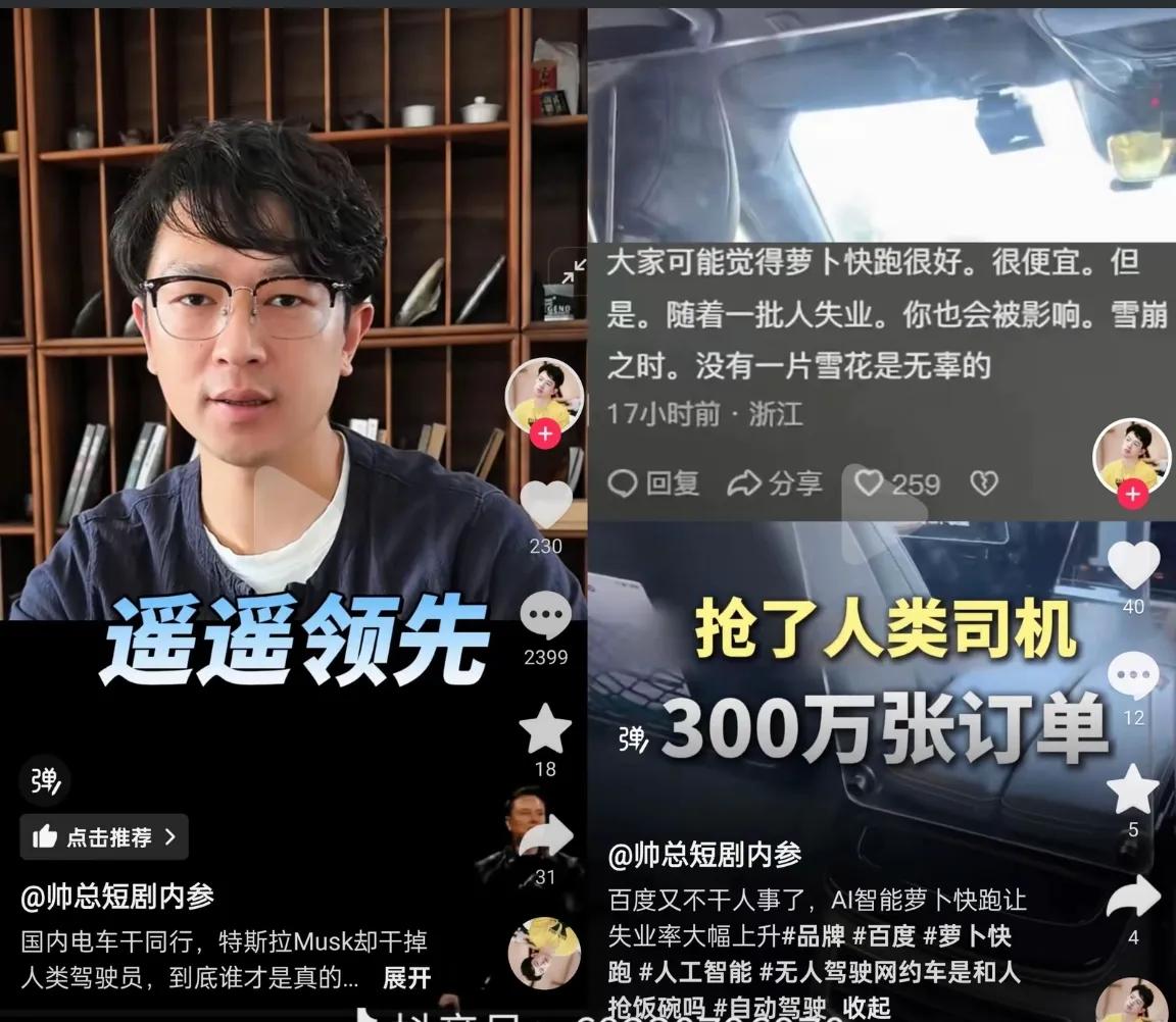 百度搞了一个萝卜快跑出租车，这些人就阴阳怪气担心出租车司机会失业，马斯克发布一个