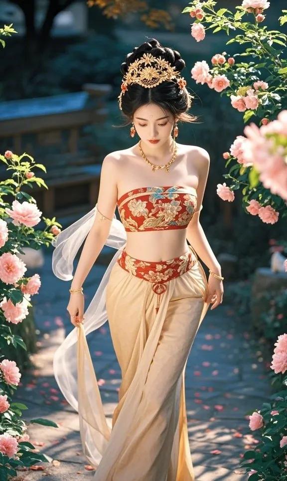 古风仙子漫步花海，美不胜收！国风美俏女 观赏古装美女秀 唯美溶图。 花中美人溶图
