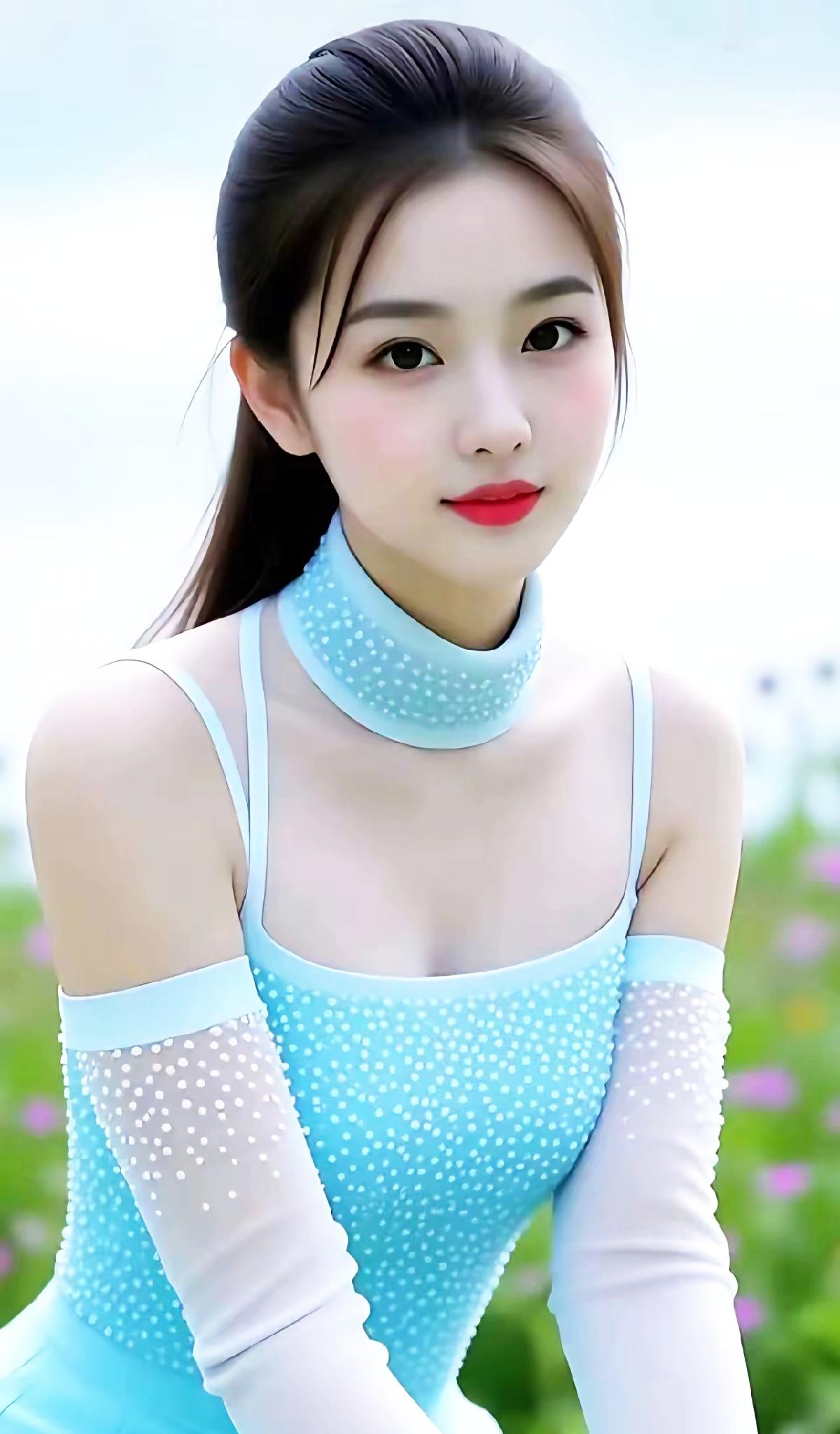 梦幻蓝裙少女，花海中的优雅仙子