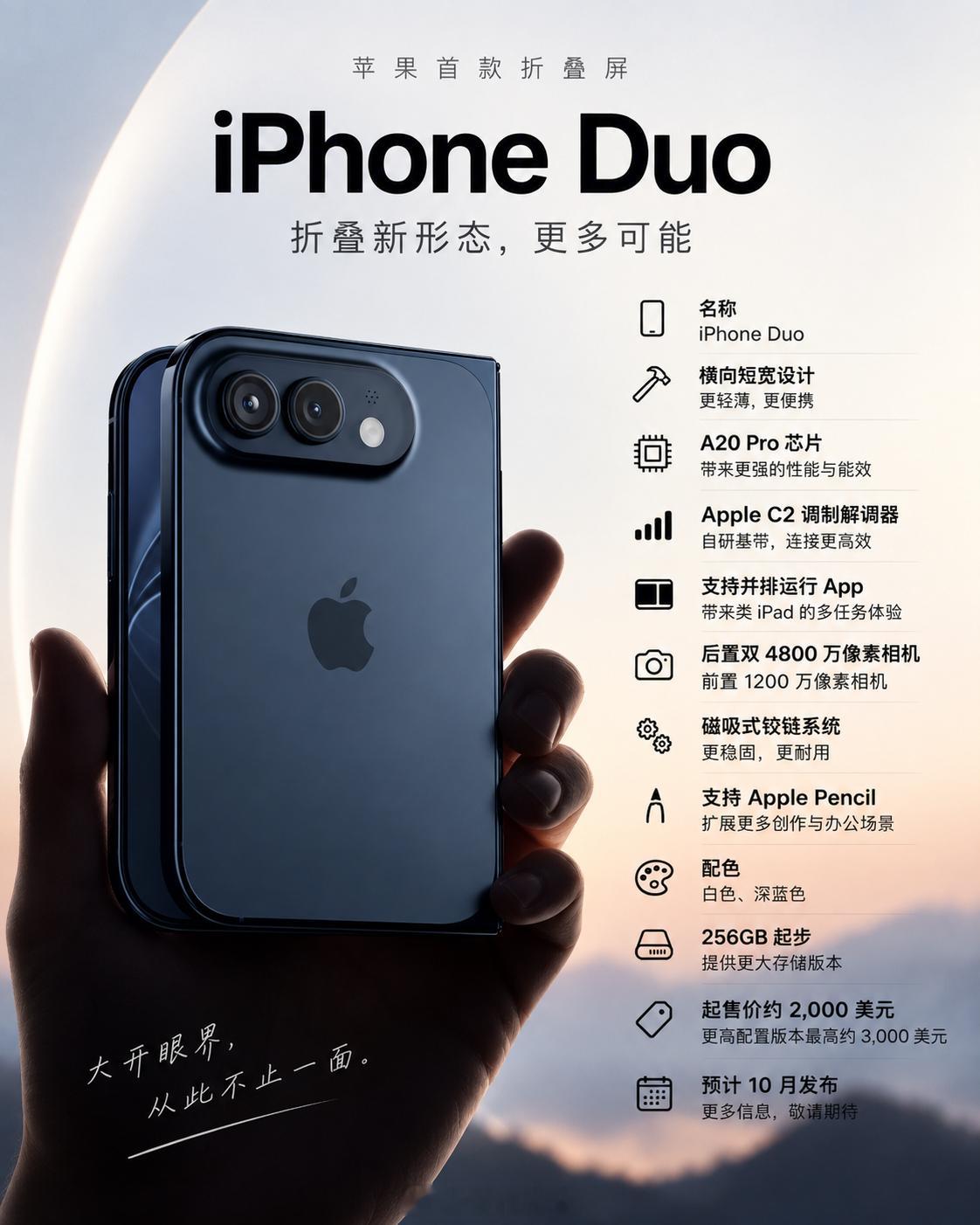 最新爆料的 iPhone 折叠屏（名叫 iPhone Duo）的配置信息如下。苹