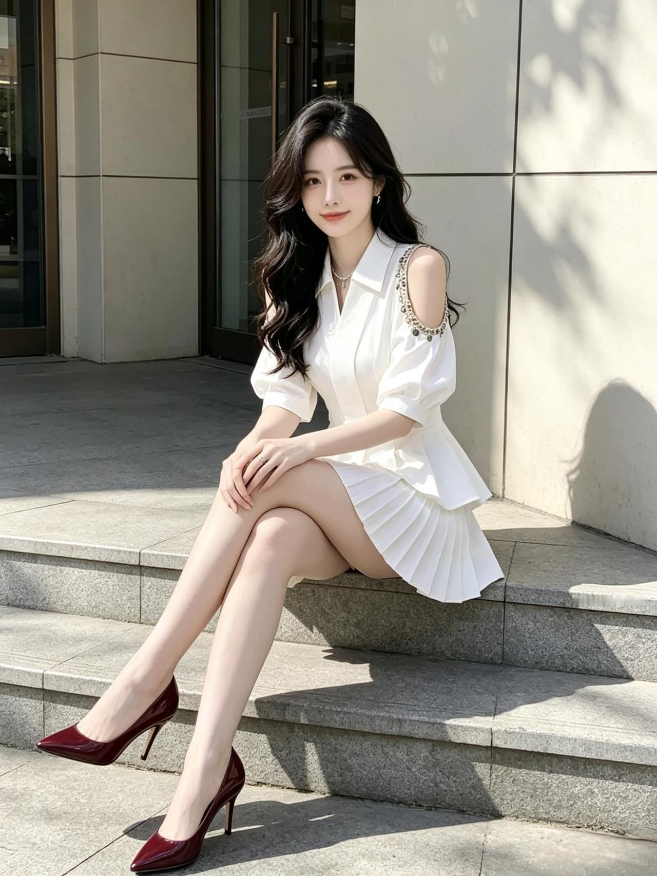 优雅白裙，红鞋相映，都市女孩的时尚日常。优雅自信穿搭分享 高级感白裙穿搭 气质白