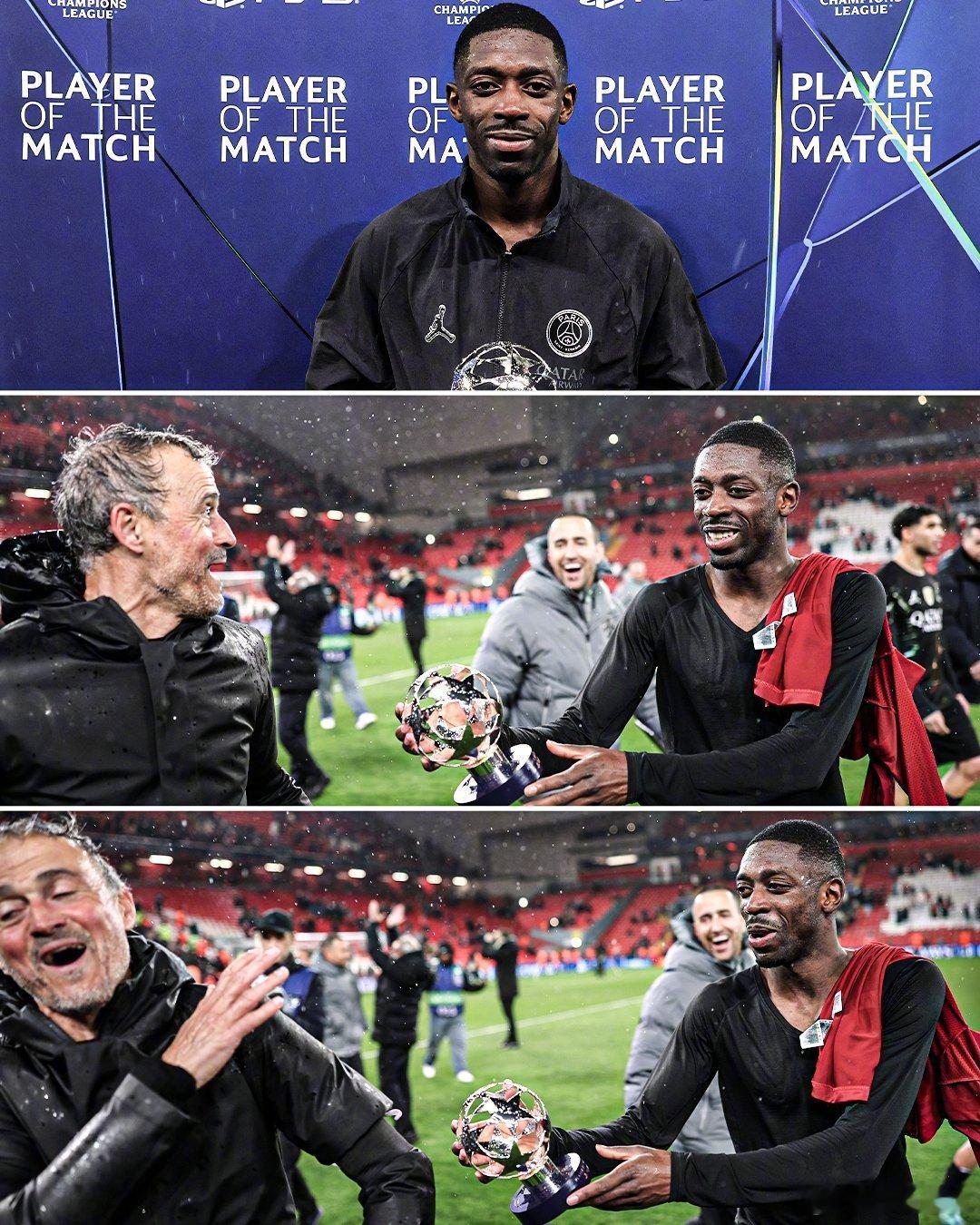 【挺会来事】利物浦0比2巴黎圣日耳曼，登贝莱梅开二度获得全场最佳奖杯，他将奖杯献