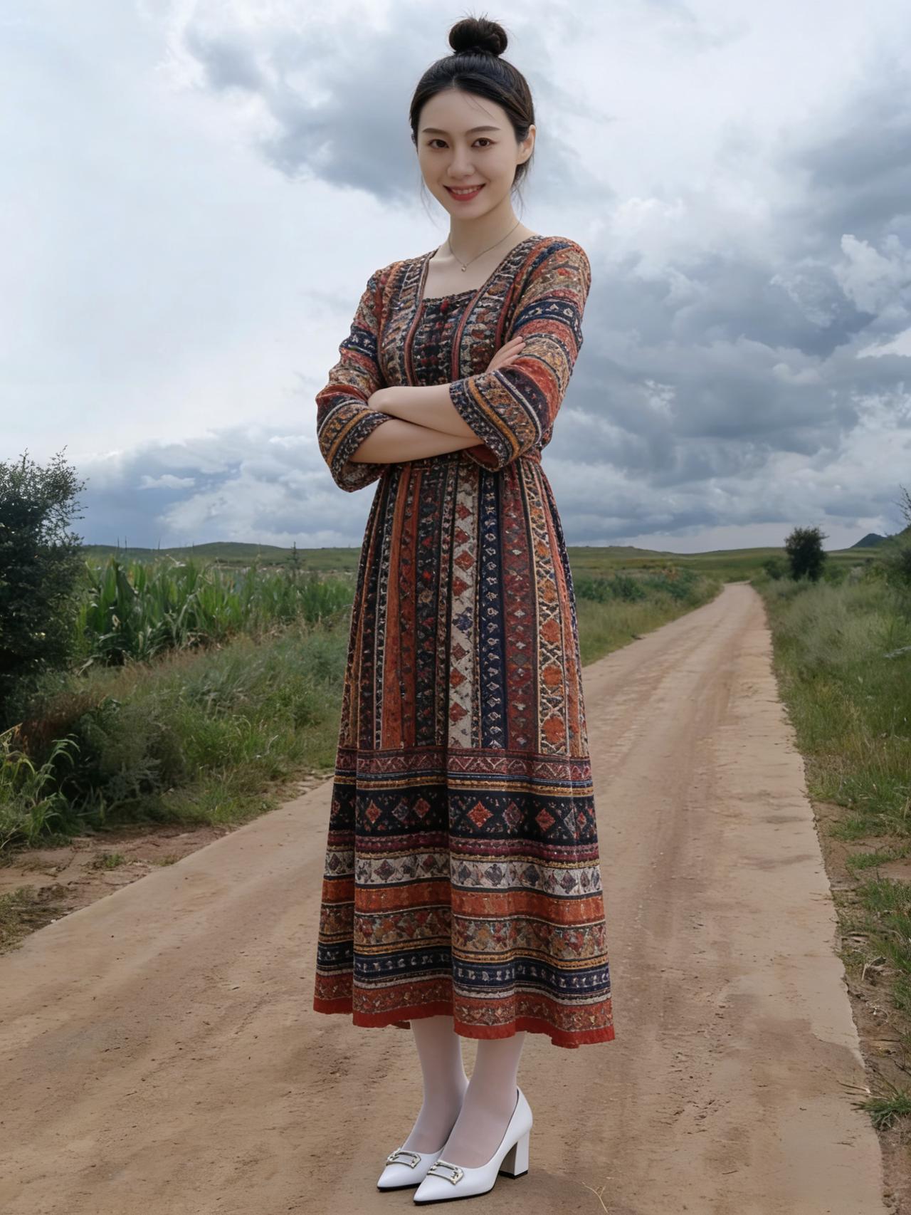 彩裙绰约立荒丘，高髻峨峨映暮秋。
笑倚风前久凝睇，一身风韵照远洲。