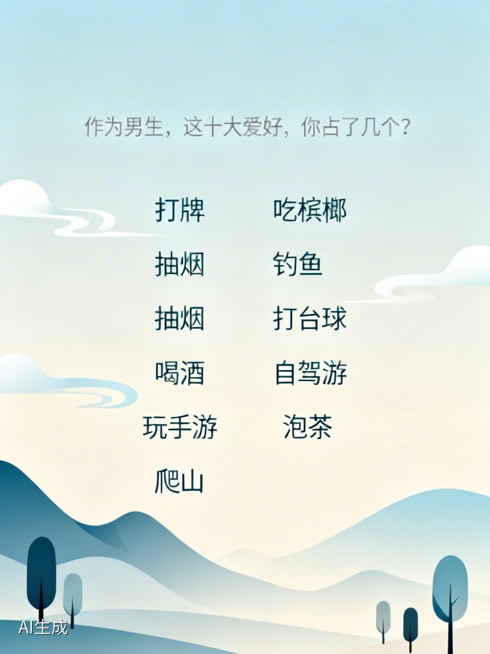 作为男生，这十大爱好，你占了几个？
我只占了一个[呲牙][作揖]
​1、打牌
2