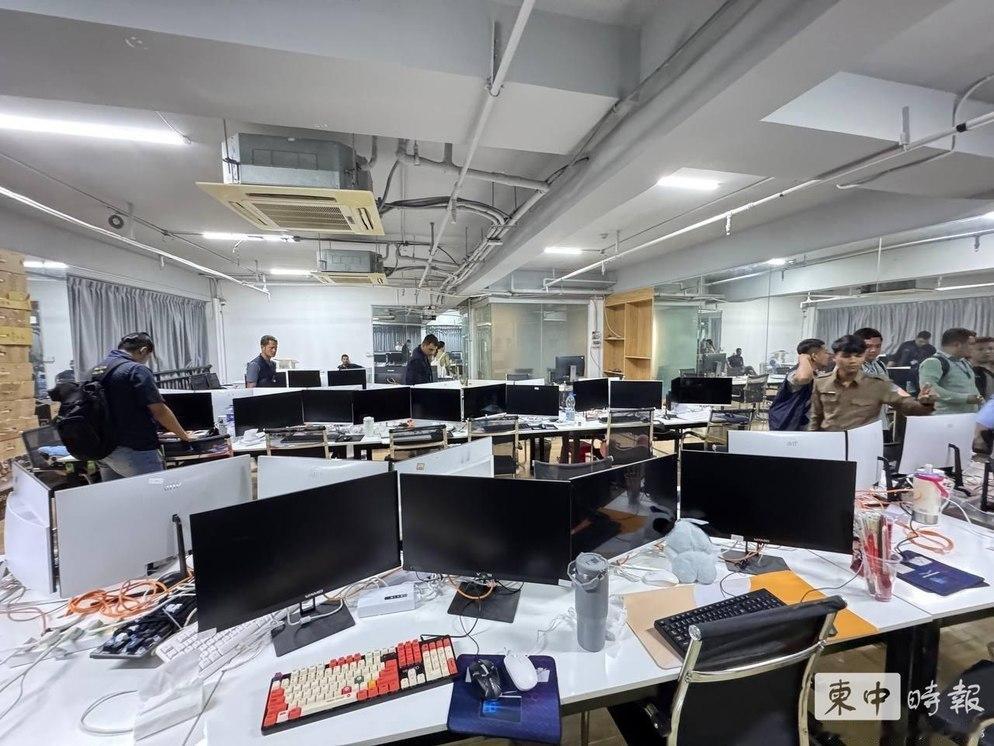 柬埔寨金边警方突查一处暗藏电诈窝点的写字楼柬埔寨
据柬中时报报道：柬埔寨警方11