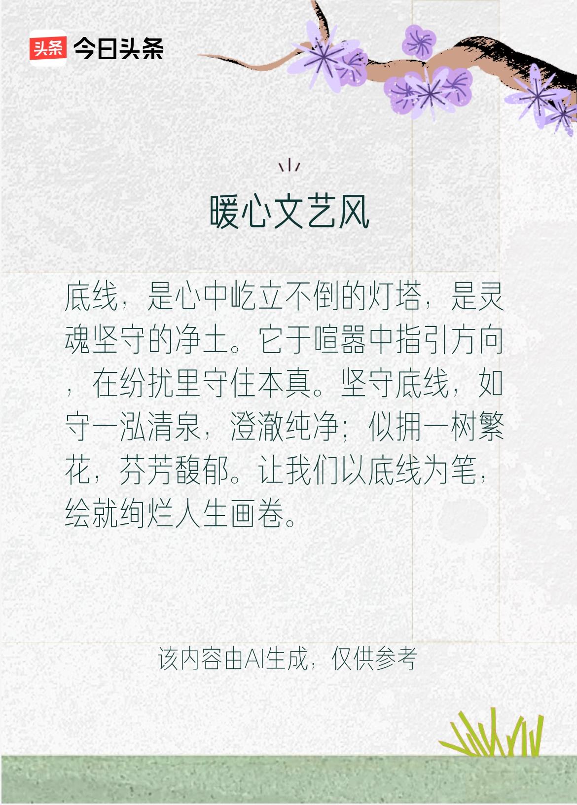 底  线
 
作者:墨琴


我这一生
踩实了坦荡二字
脊梁骨没弯过
问心无愧 