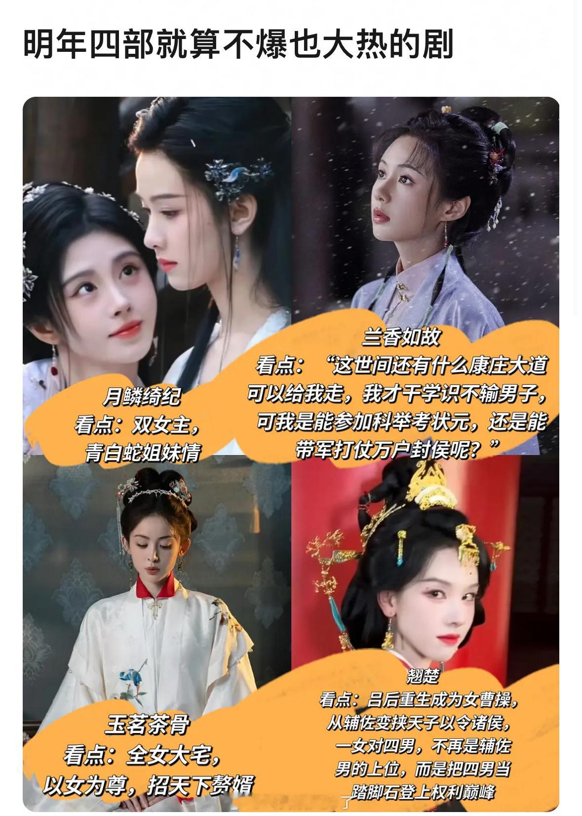 网友预言明年四部不大爆也会热播的剧：《月麟绮纪》、《兰香如故》、《玉茗茶骨》、《