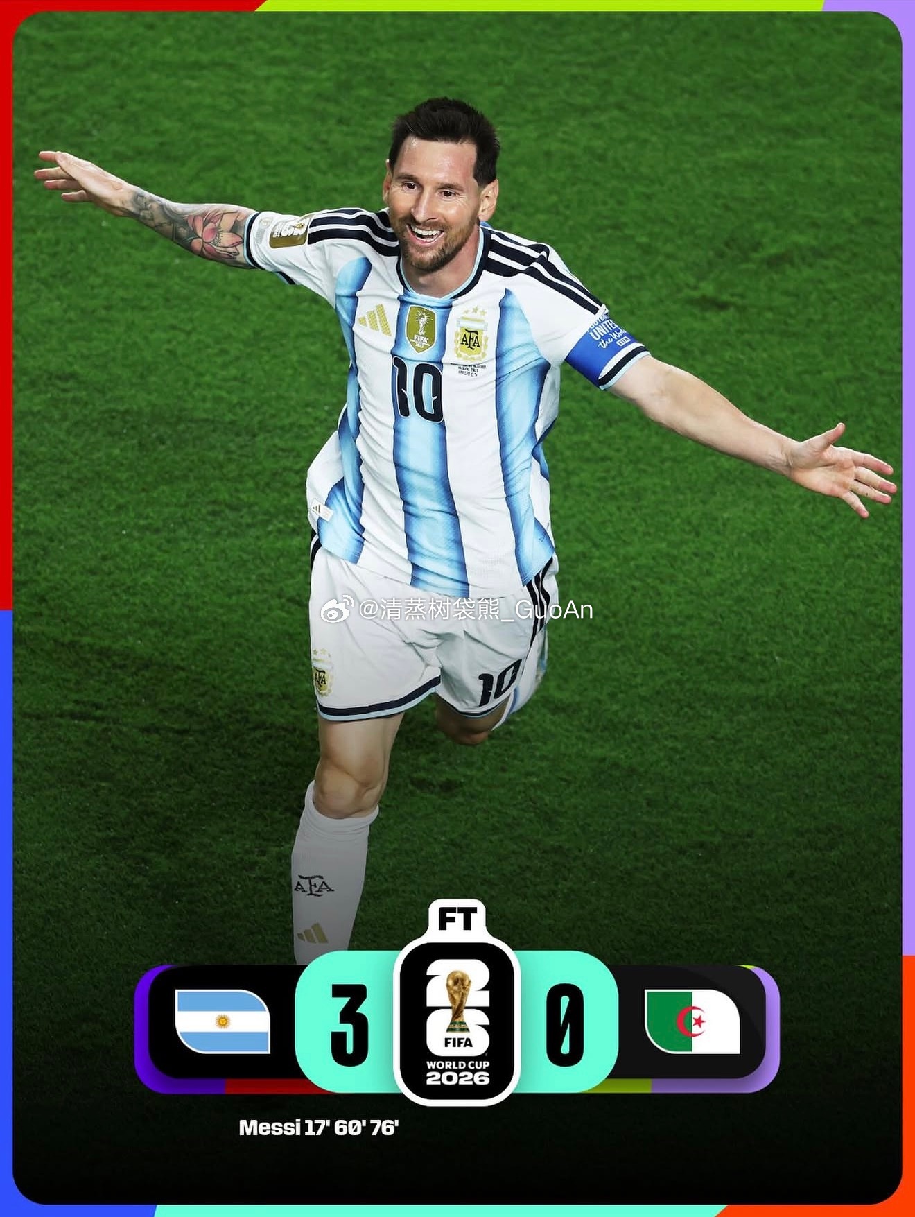 国际足联言简意赅的赛后战报：3 goals，3 points，1 Messi🇦