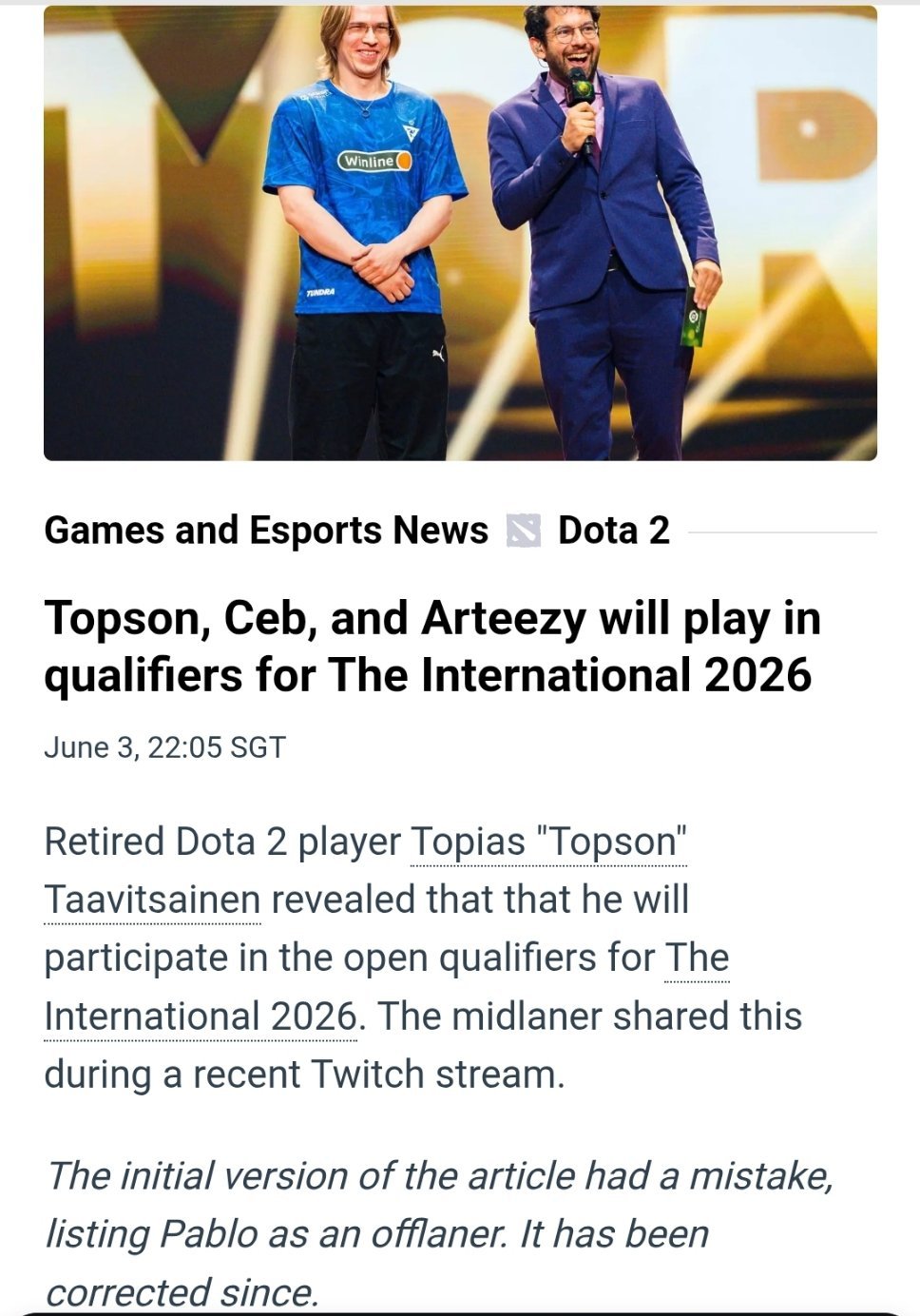 Topson宣布将和Ceb和Arteezy组队参加Ti15的海选队名待定ti15