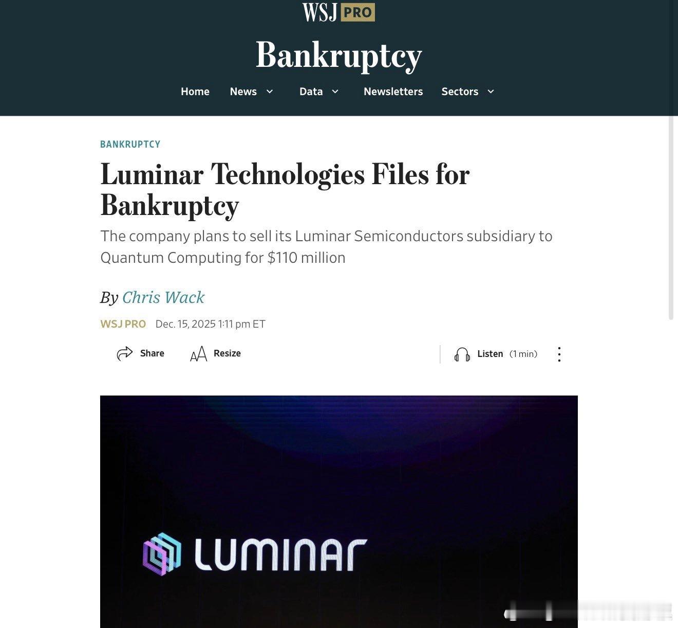 激光雷达公司Luminar宣布破产。一声叹息，这个跟整个智能驾驶的发展是相关的。