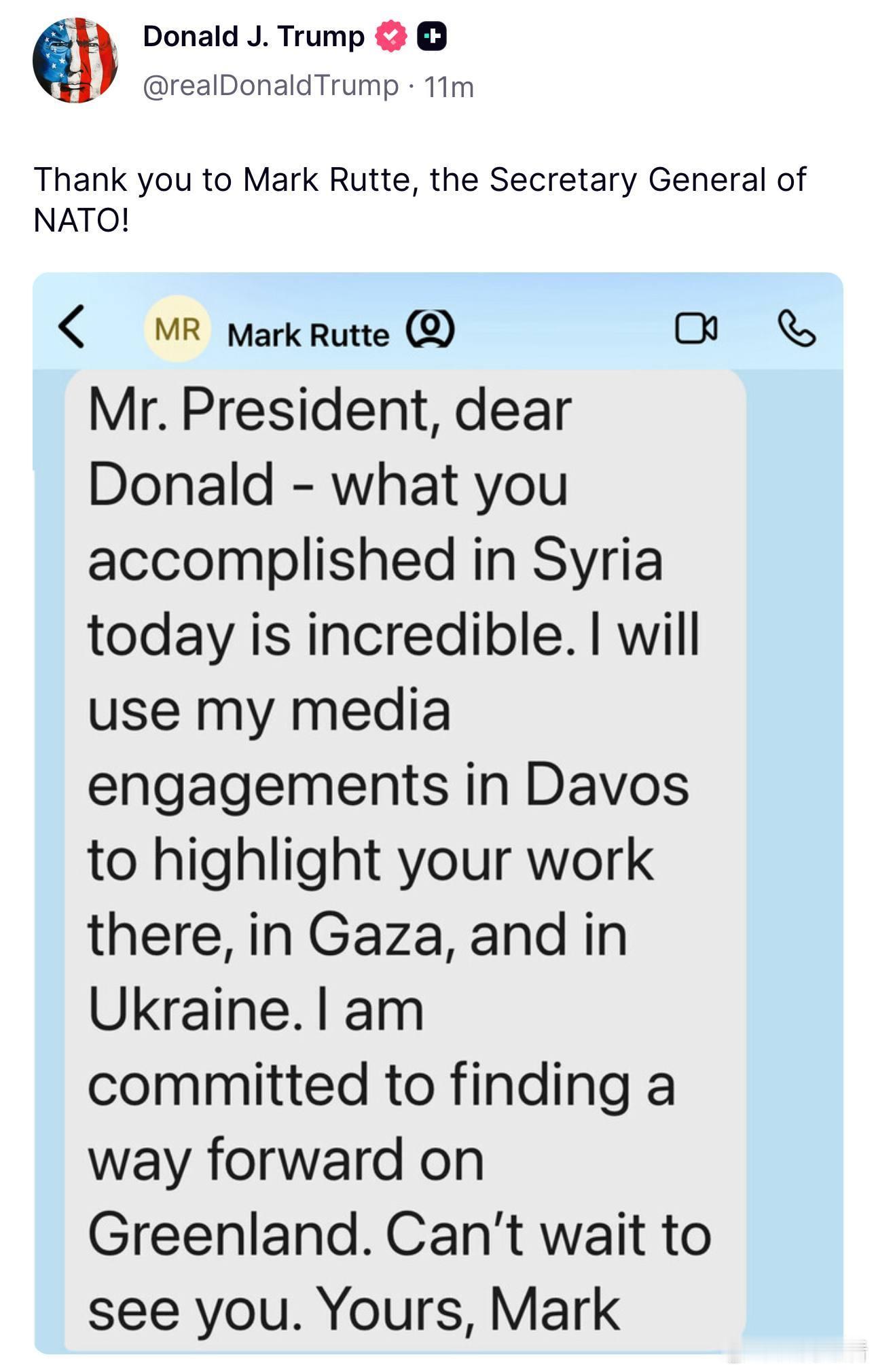 特朗普特朗普分享了北约秘书长马克·吕特发来的短信：总统先生，亲爱的唐纳德——你今