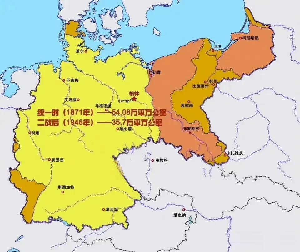 德国🇩🇪领土变迁示意图
二战战败后，德国惨遭分割，东德西德分家了45年，还丢