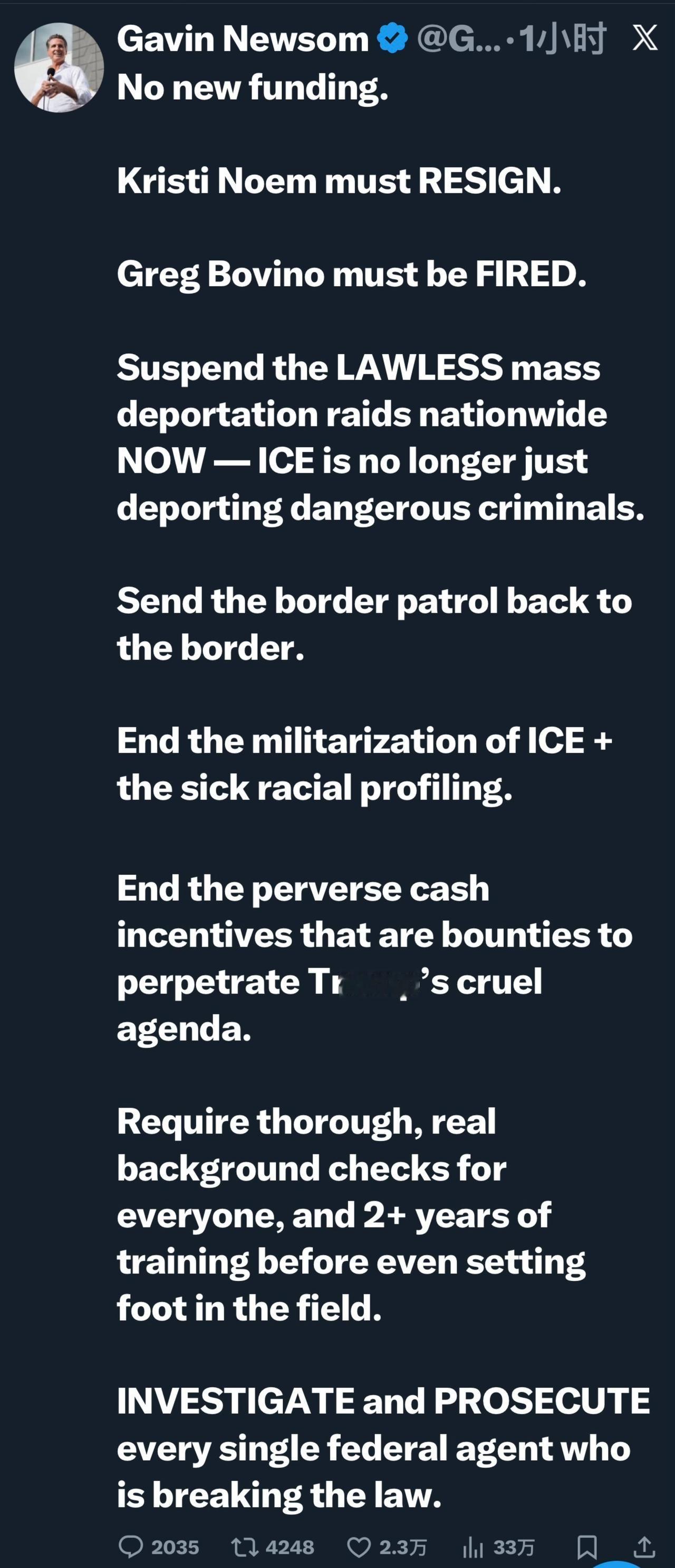 美国加州州长纽森发帖要求美国国土安全部长诺姆辞职并追责违法特工：

“没有新的资