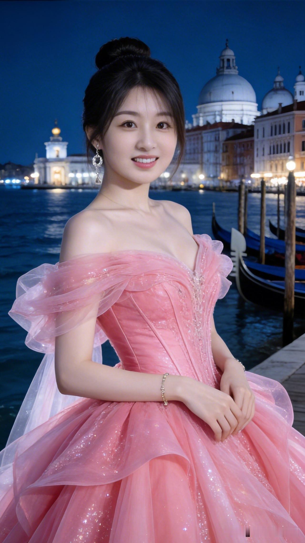 梦幻粉裙下的威尼斯之夜，甜美笑容与浪漫水城相映成趣。少女风写真照