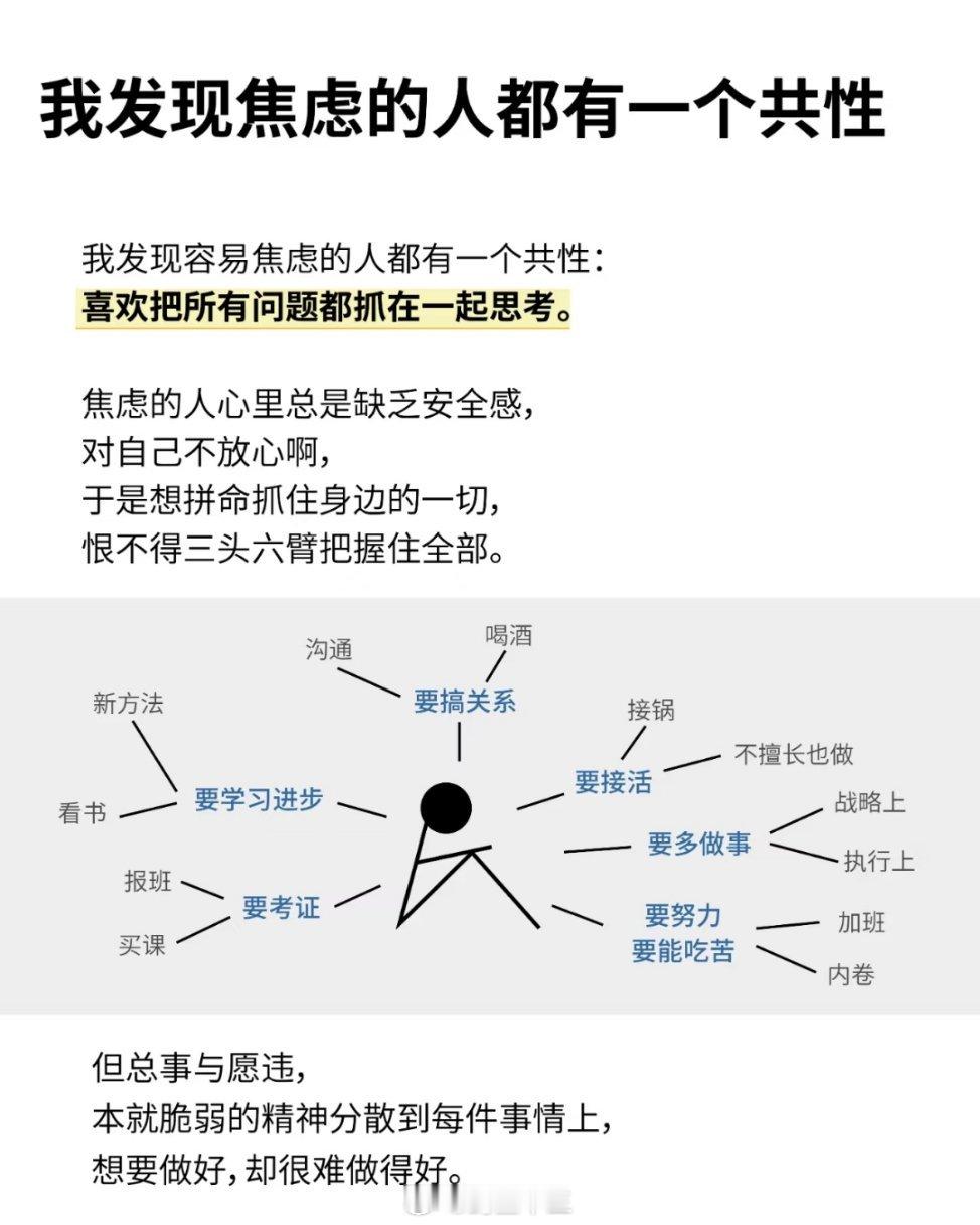 内耗 我发现容易焦虑的人都有一个共性： 喜欢把所有问题，都抓在一起思考。你应该注