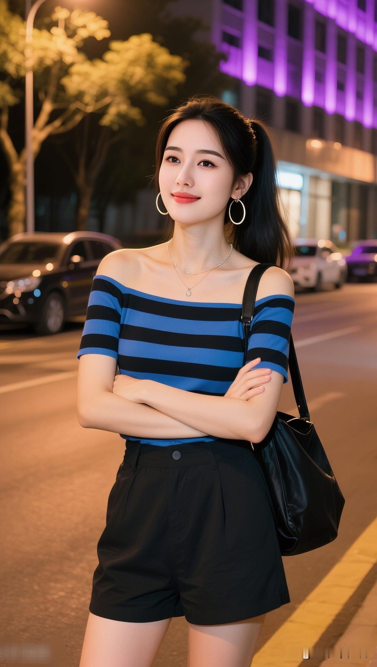 夜色阑珊处，美人倚街笑。出门旅游有意思没 夜晚街拍，蓝条纹露肩上衣搭配黑色短裤，