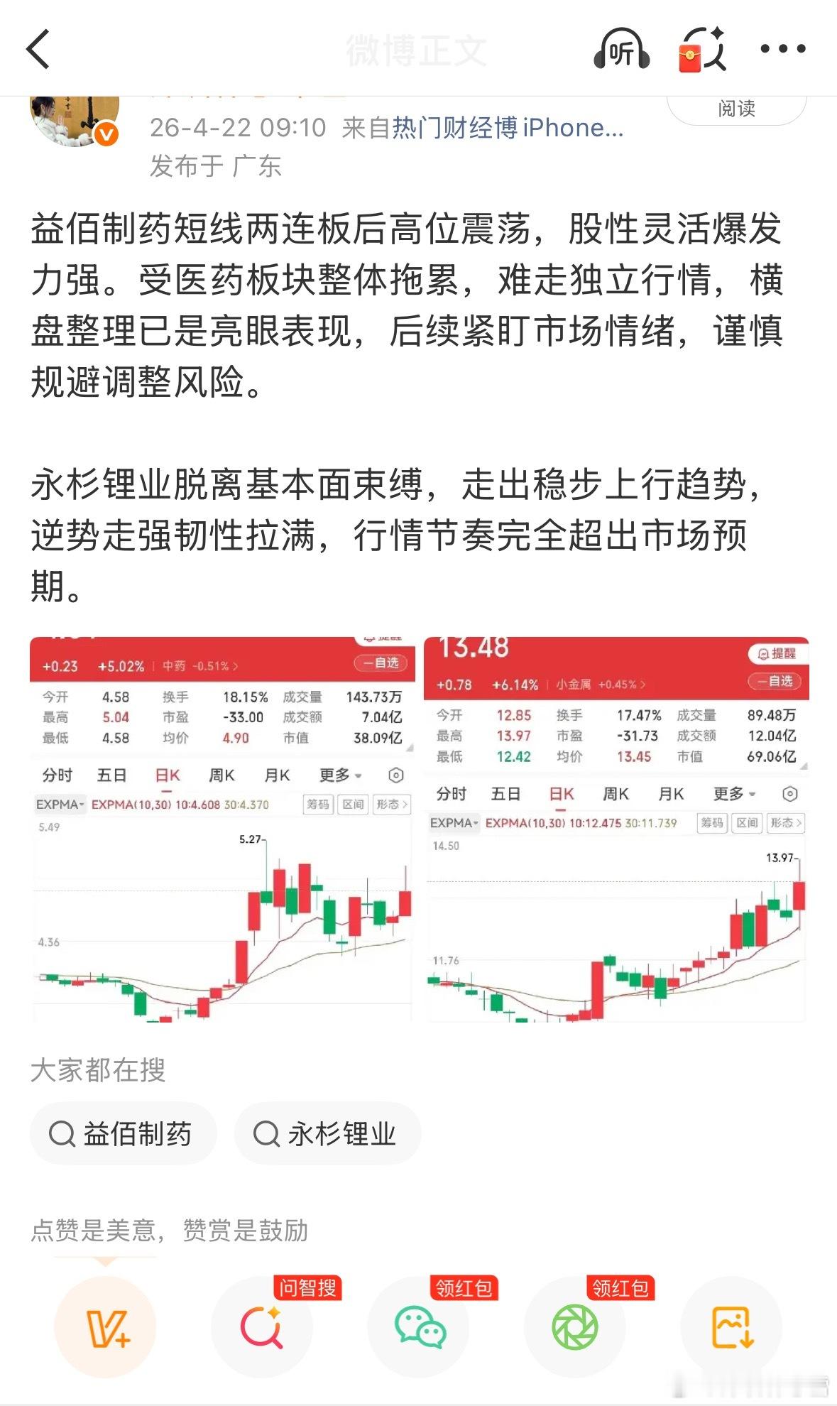 慧眼识永杉，无缘得半股，擦肩匆忙过，诸君勿笑我。——永杉锂业，我二十二日说过此股