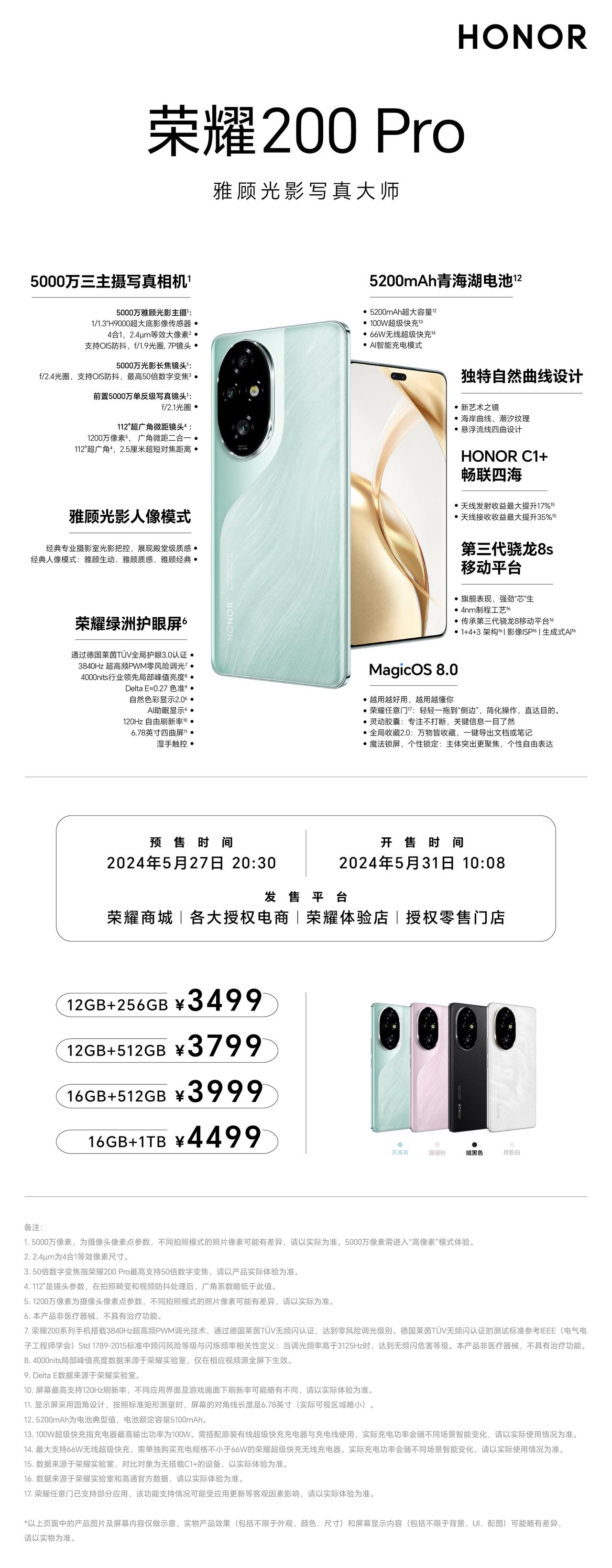 荣耀200系列正式发布了，简单说说配置，首先是荣耀200 Pro——
- 500