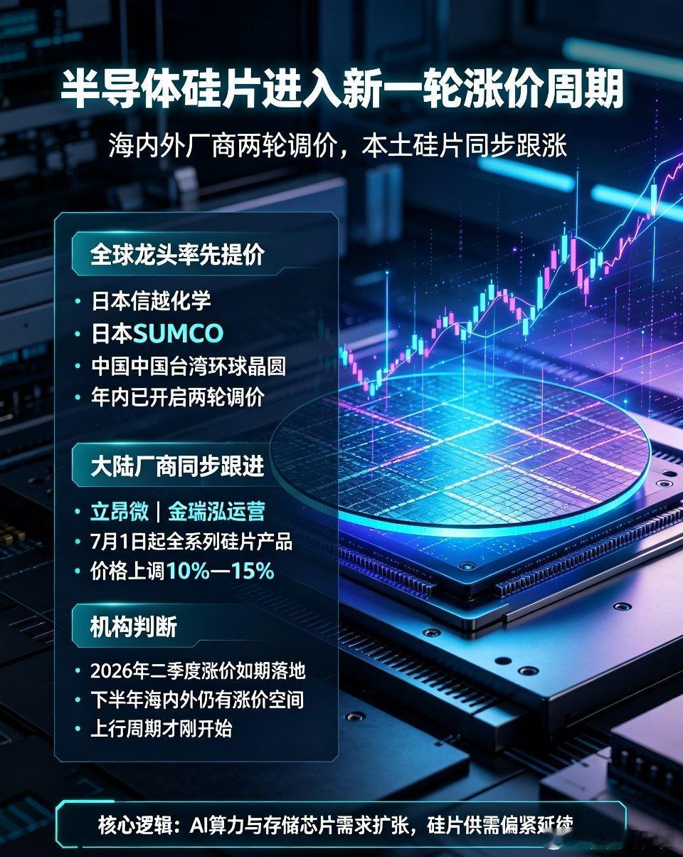 全球半导体硅片开启新一轮涨价周期证券时报消息，2026年全球硅片行业正式进入持续