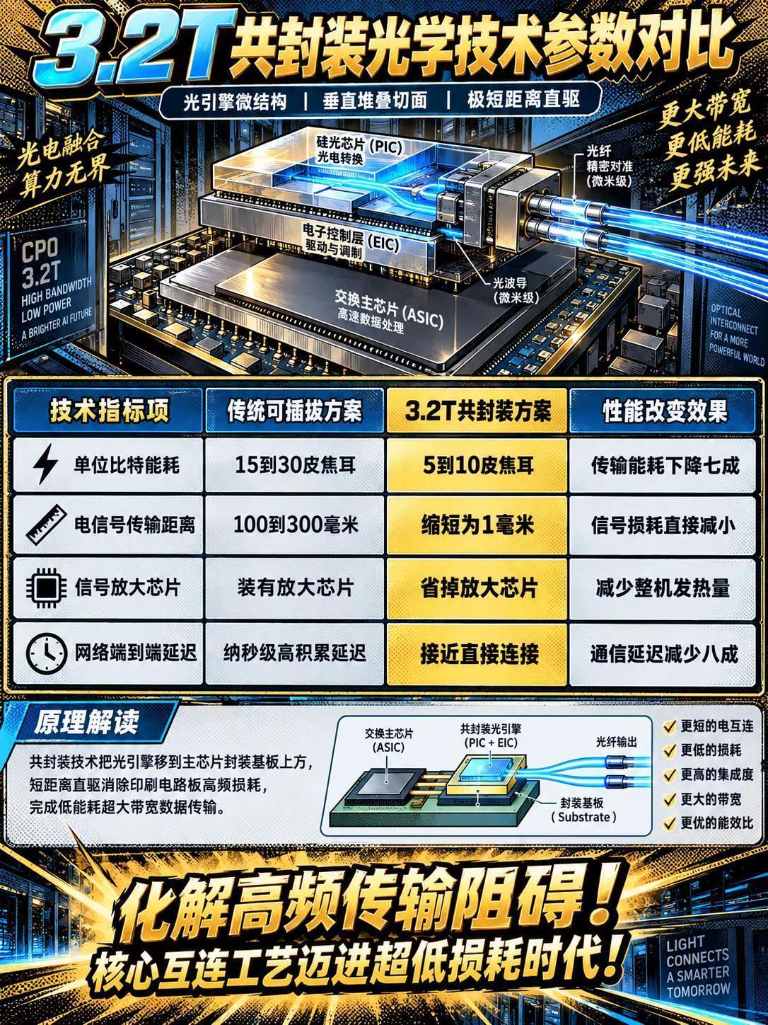 光博会首秀新架构，CPO打破算力能耗墙。当前人工智能万卡算力集群规模扩大，芯片高