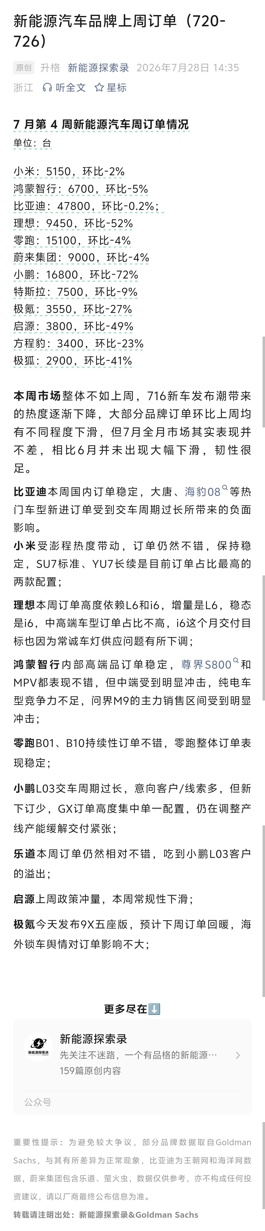 新能源汽车品牌上周订单（7.20-7.26）- 