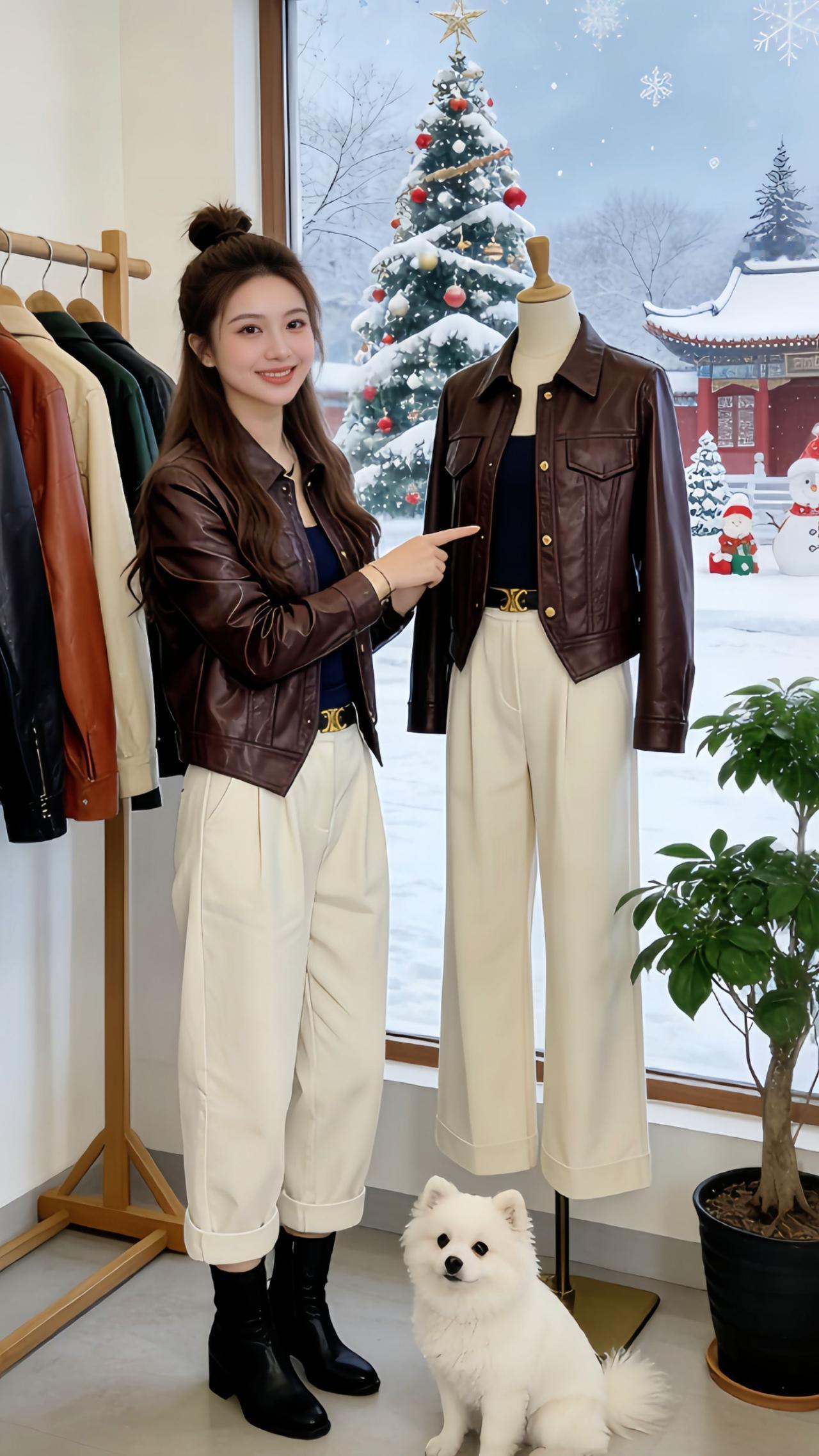 谁懂这件咖啡色皮衣的魅力啊！Danny上身直接把冬日氛围感拉满，半扎丸子头搭配皮