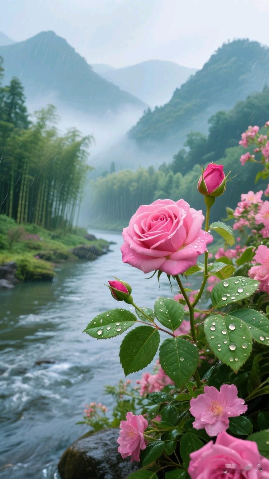 雨中盛开的粉色玫瑰，山间小溪潺潺流淌，静谧而浪漫。玫粉色玫瑰 粉玫瑰郁金香
