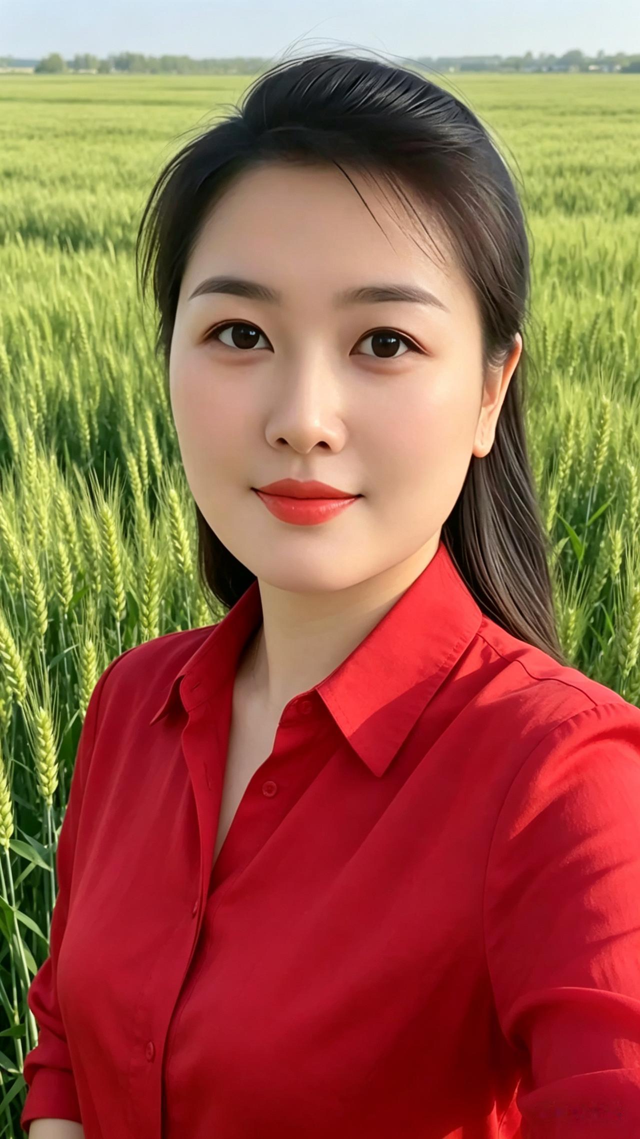 麦田佳人
万顷青苗衬艳阳，
红衣俏影立田旁。
柔丝轻曳随风荡，
眼眸清透泛柔光。