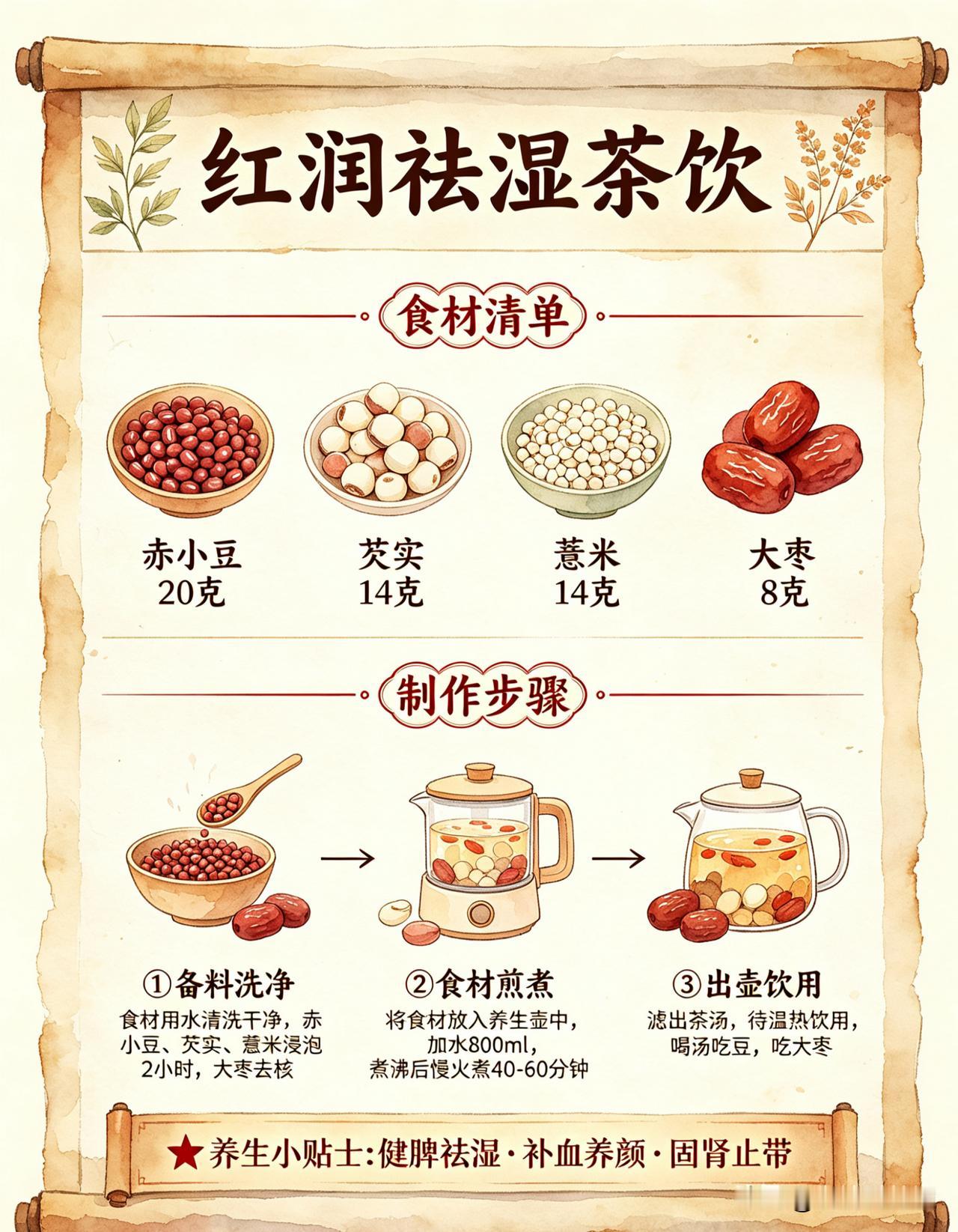 红润祛湿茶饮：健脾祛湿，补血养颜，固肾止带。