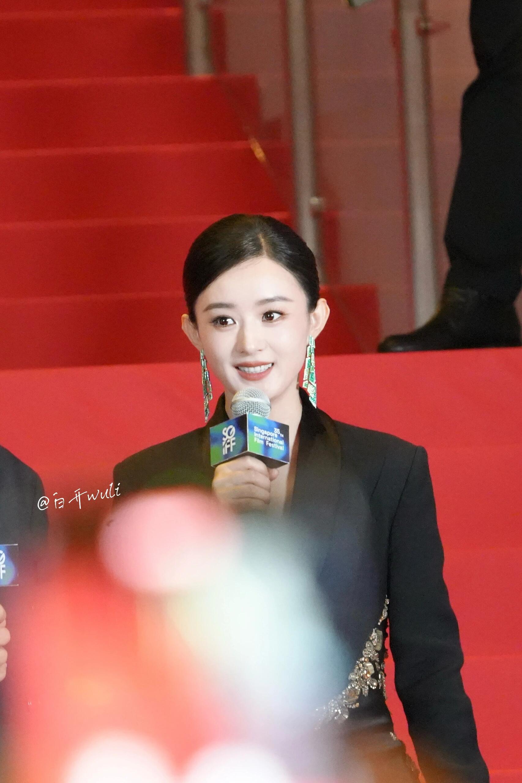 赵丽颖新加坡红毯新加坡国际电影节红毯上，赵丽颖大放异彩。她以独特的盘发闪钻流苏西