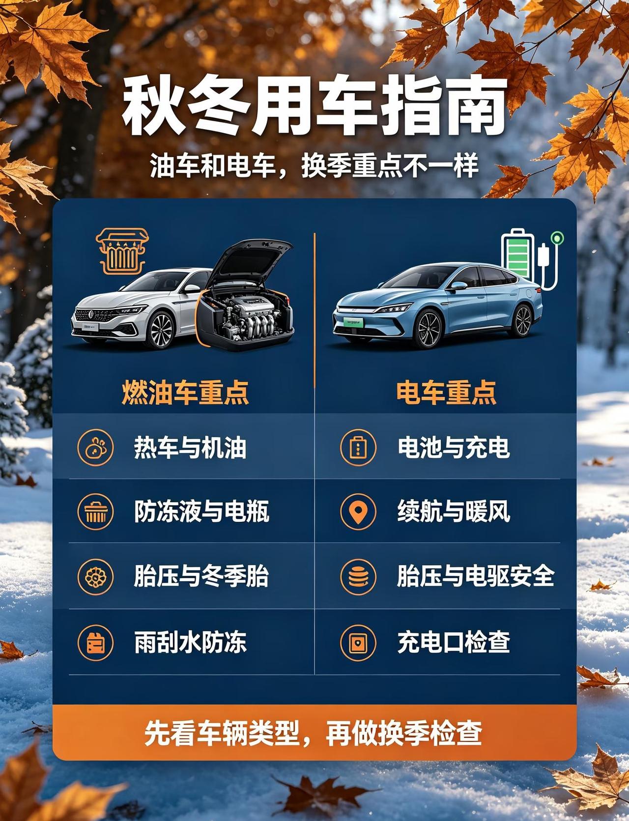 干货✅油车&电车秋冬用车指南，一次讲清
秋冬用车 油车保养 电车保养 新能源汽车