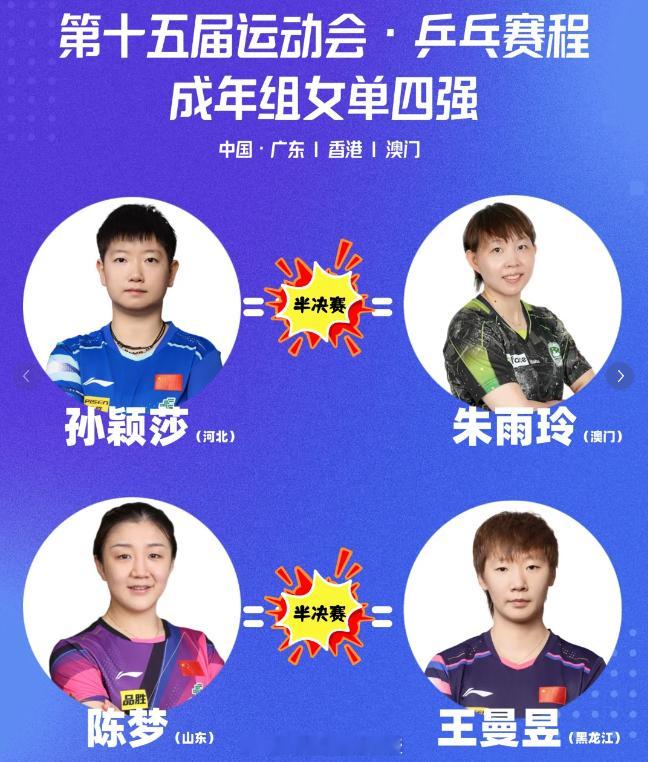 2025全运会男女单4强，现在就很期待了！！！女单成人组4强孙颖莎(河北队)VS
