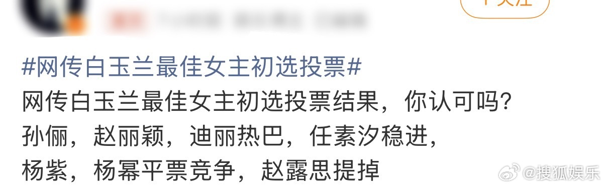 白玉兰工作人员辟谣网传最佳女主名单 近日，网络流传一份“白玉兰奖最佳女主角初选投