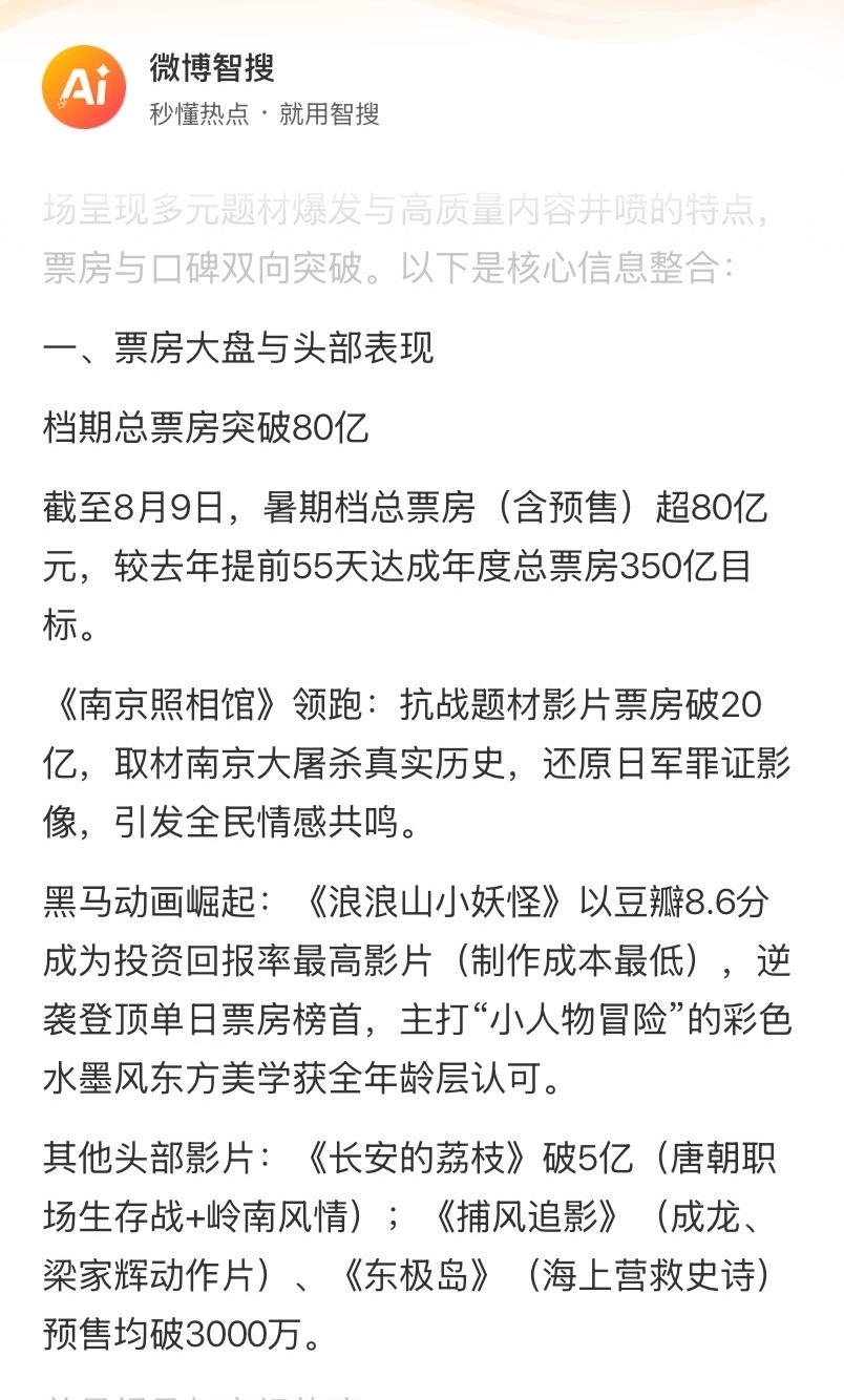 今年暑期档 细糠今年暑期档总票房（含预售）超80亿元。都说以前吃的细糠，对比了下