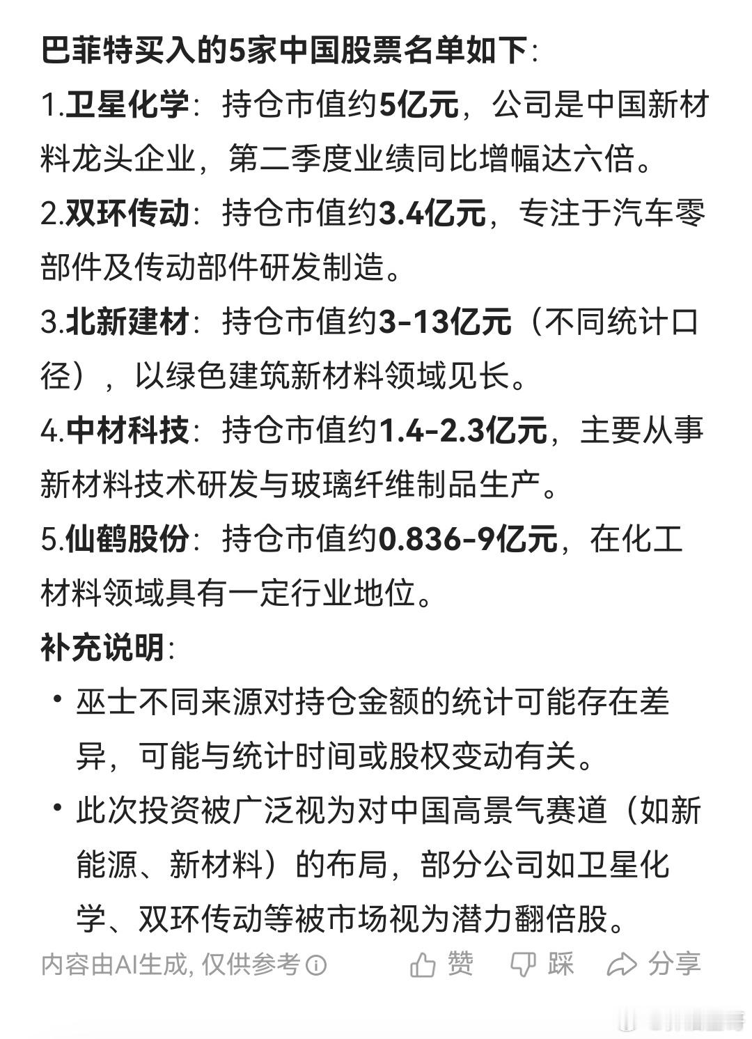 股票巴菲特买入的5家中国股票名单如下：1．卫星化学：持仓市值约5亿元，公司是中国