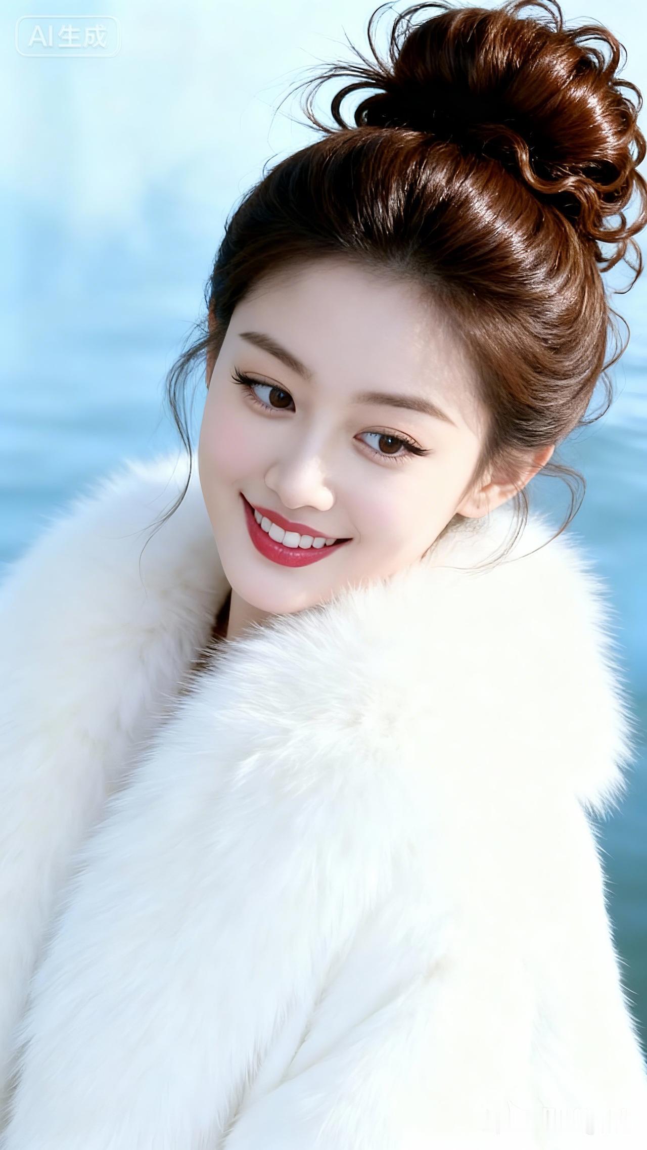 冬日暖阳下的甜美笑容，毛茸茸的白色外套，元气满满的一天！🌞💕