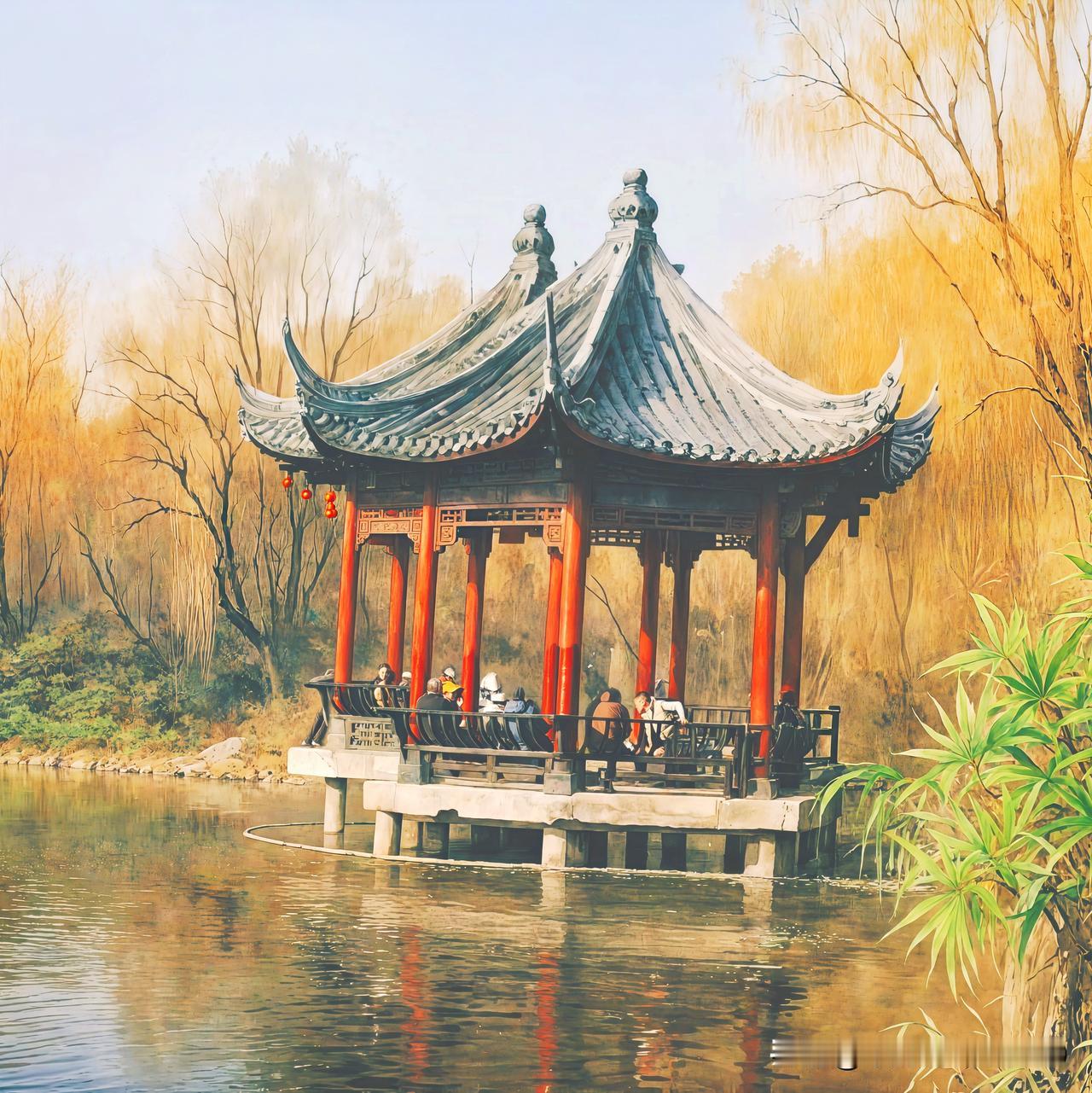 小亭子在水边，那风景简直绝了！就像四平二龙湖湖心岛的小亭，车行到湖岸，风带着芦苇