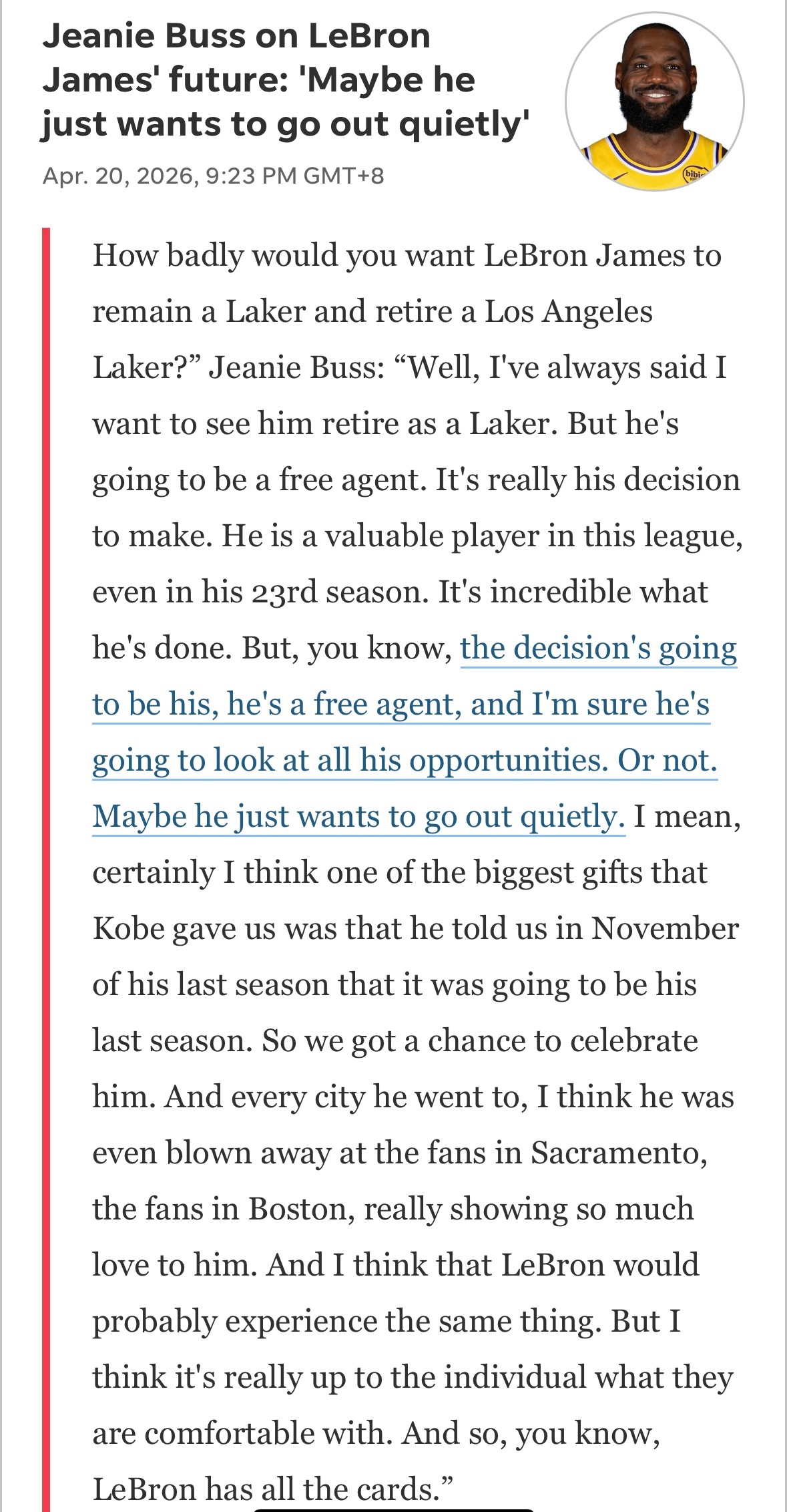 「珍妮-巴斯谈勒布朗-詹姆斯是否留队湖人」问：你有多希望詹姆斯继续留在湖人，并以