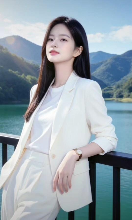 在湖畔轻倚栏杆，白衣飘飘，如梦如画。