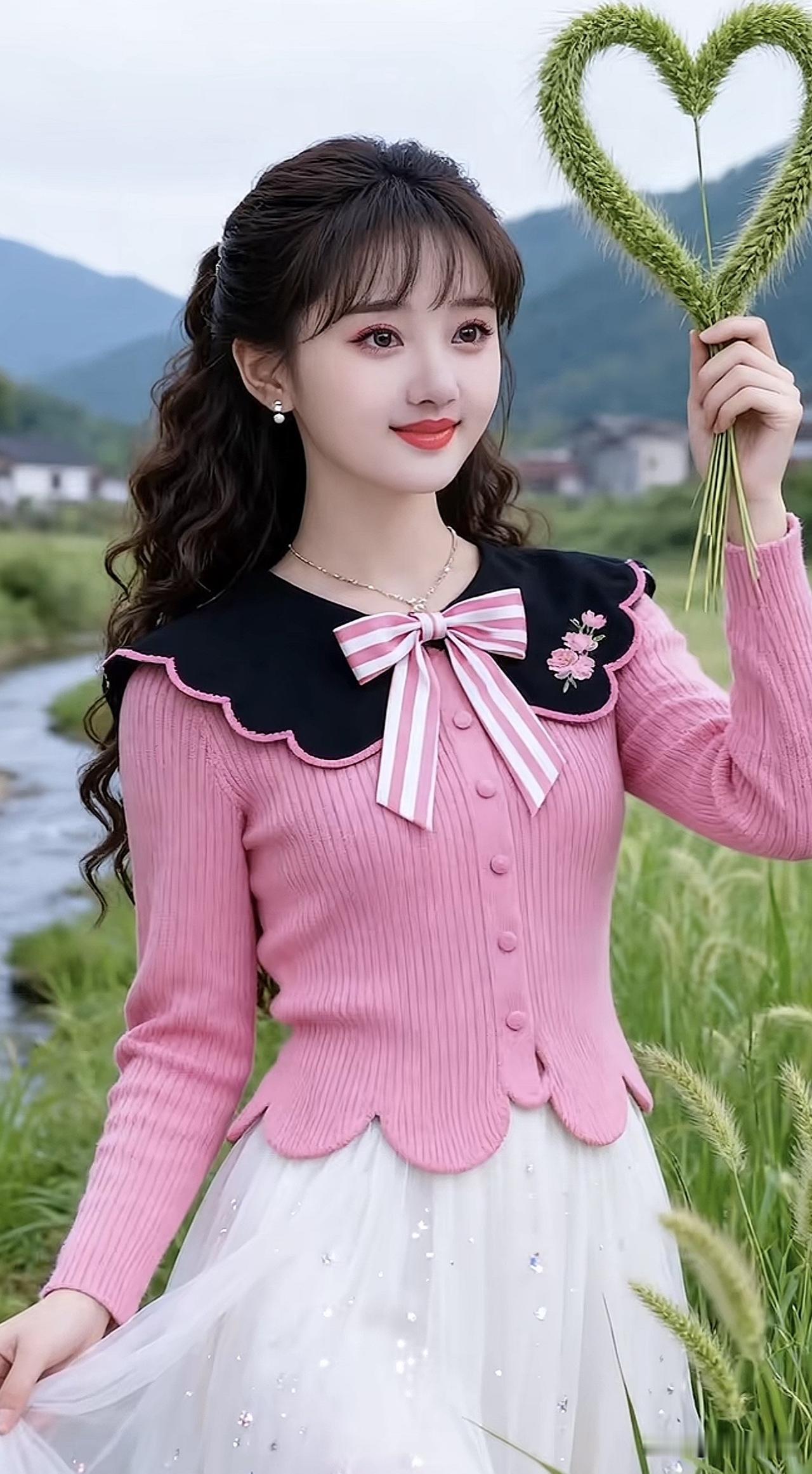 少女心爆棚的粉色毛衣搭配白色纱裙，手持爱心草编，甜美可爱！💖🌿👗温柔粉色上