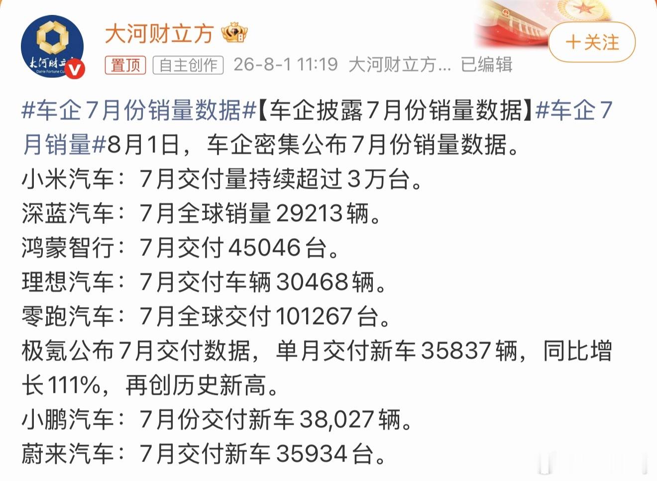 车企7月份销量数据有交付有销量，理论上来看口径还是不统一。要不全给交付数据？ 