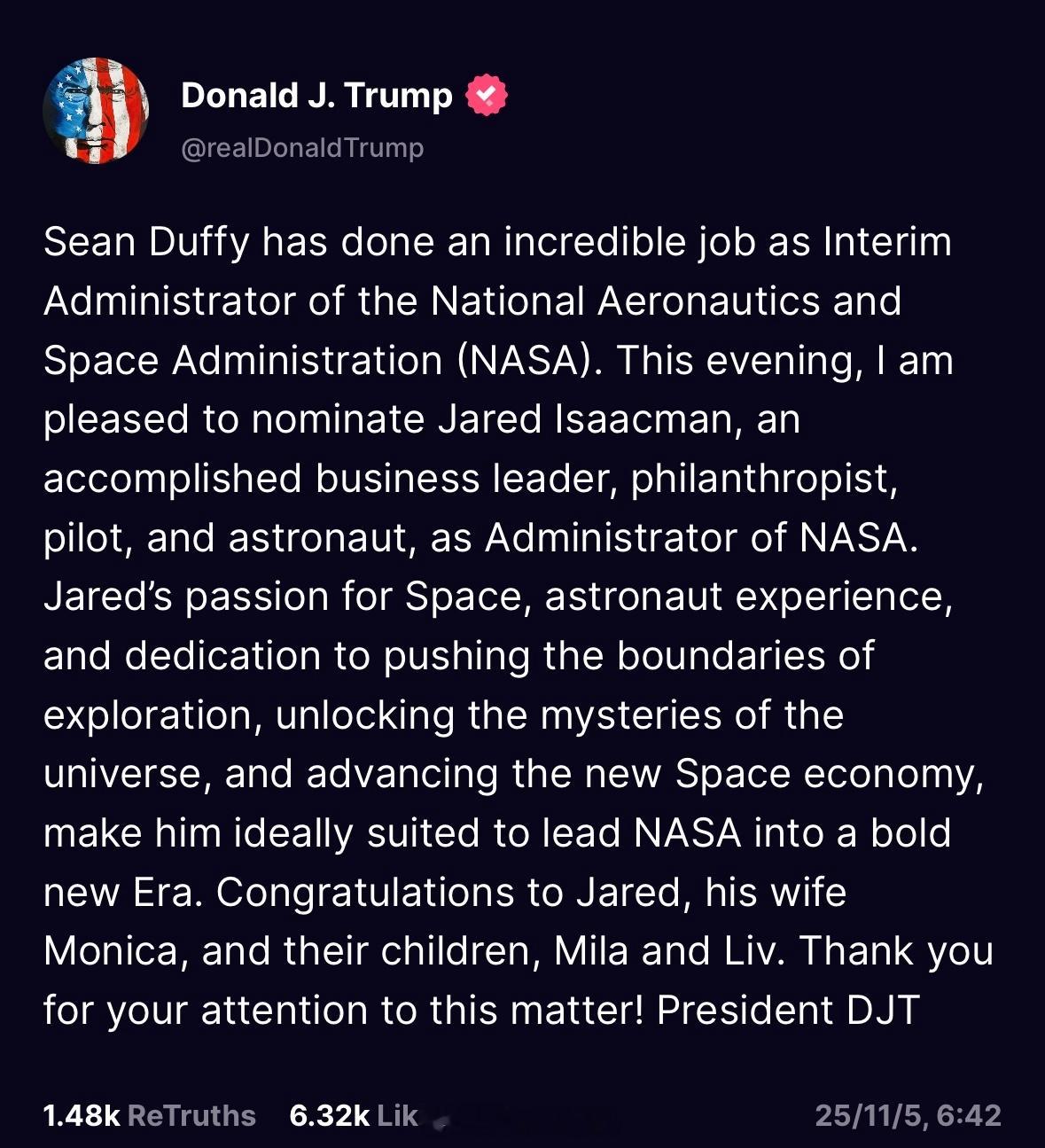 特朗普提名艾萨克曼为NASA局长，马斯克兴奋转发“肖恩·达菲作为美国国家航空航天
